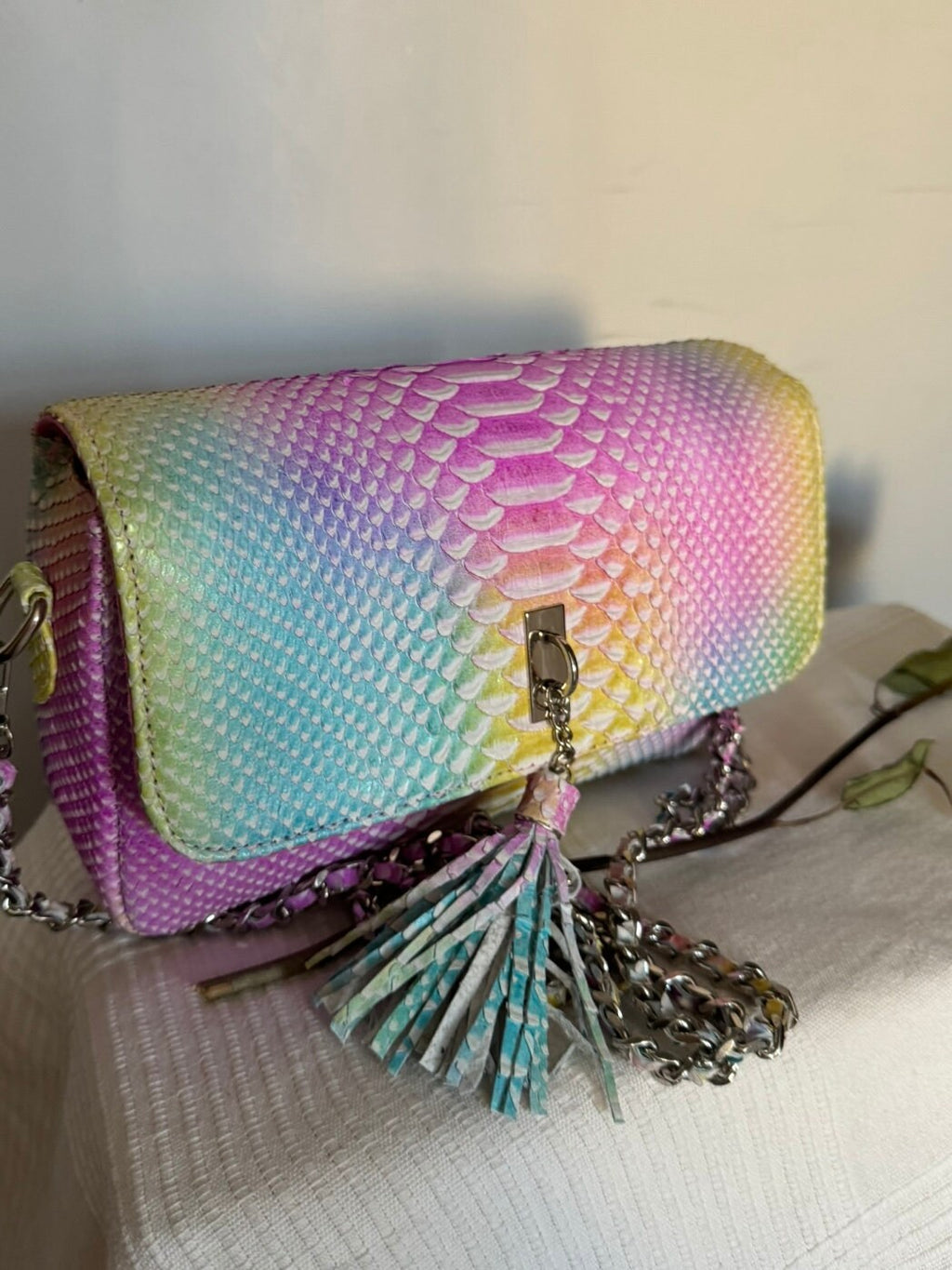 Genuine Python Skin Midi Crossbody Bag — Rainbow