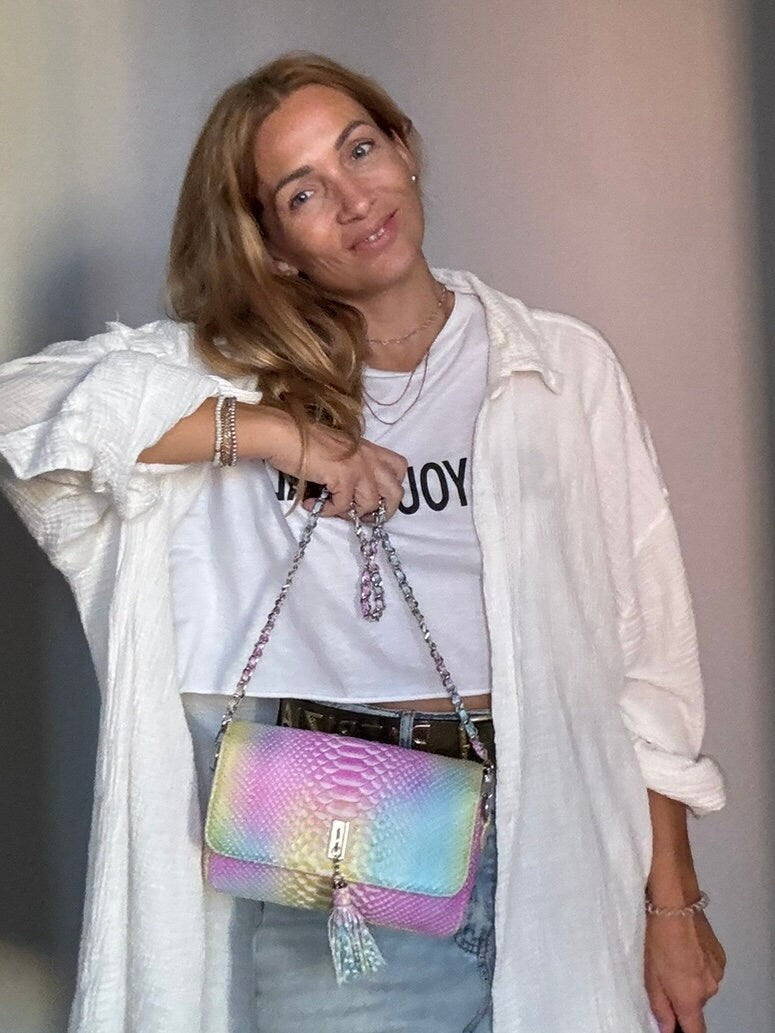 Genuine Python Skin Midi Crossbody Bag — Rainbow