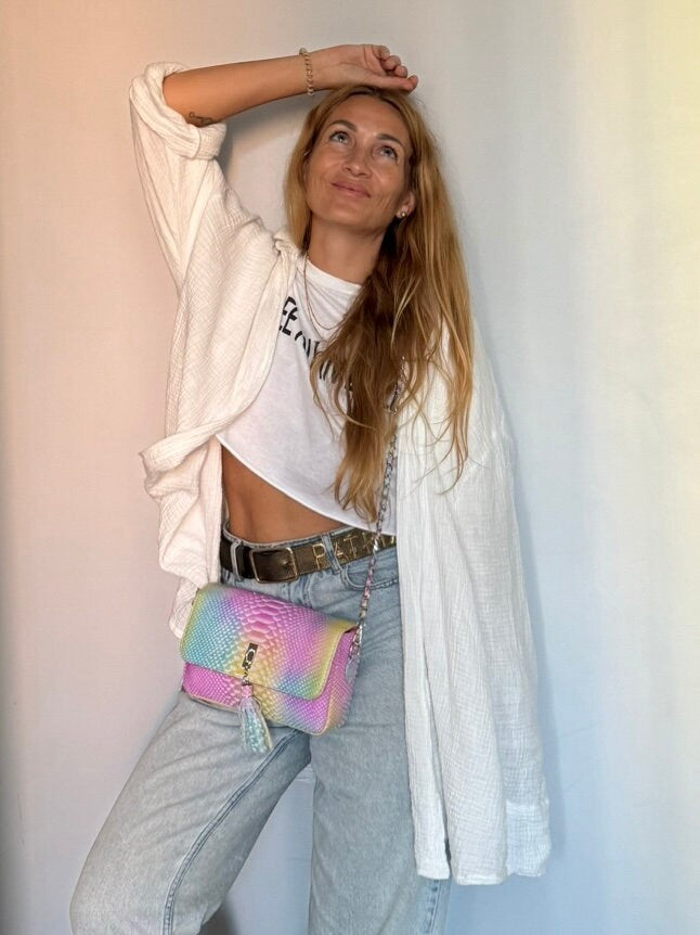 Genuine Python Skin Midi Crossbody Bag — Rainbow