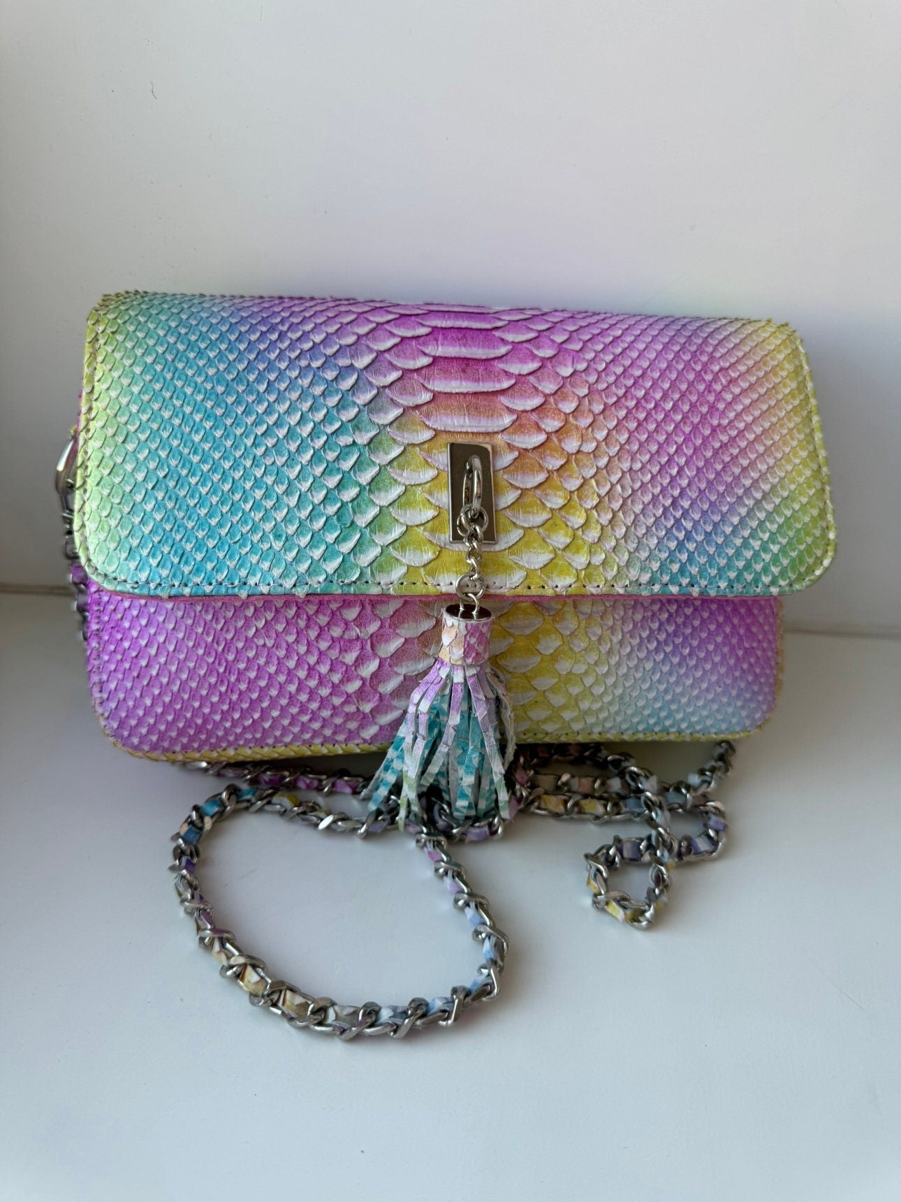 Genuine Python Skin Midi Crossbody Bag — Rainbow