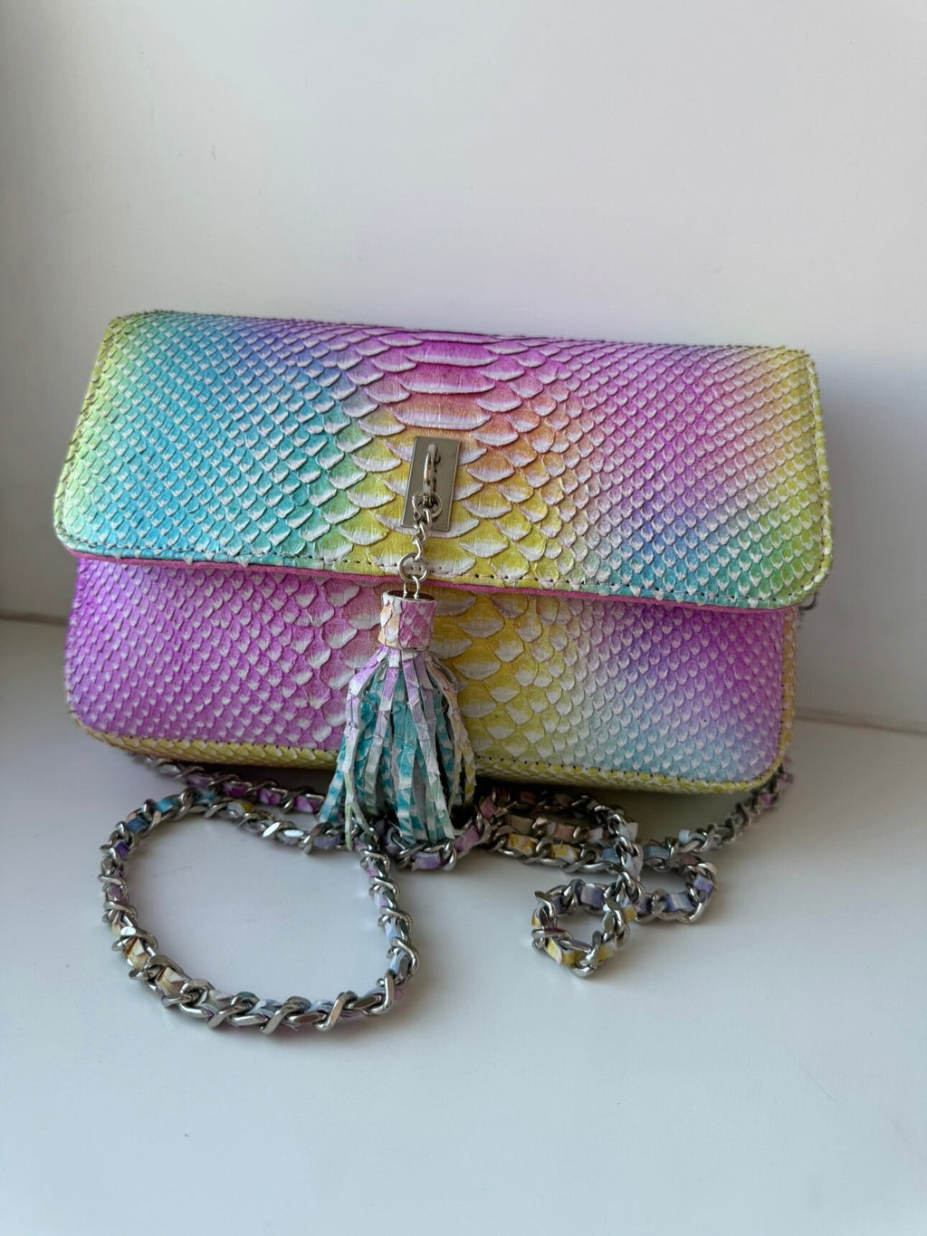 Genuine Python Skin Midi Crossbody Bag — Rainbow
