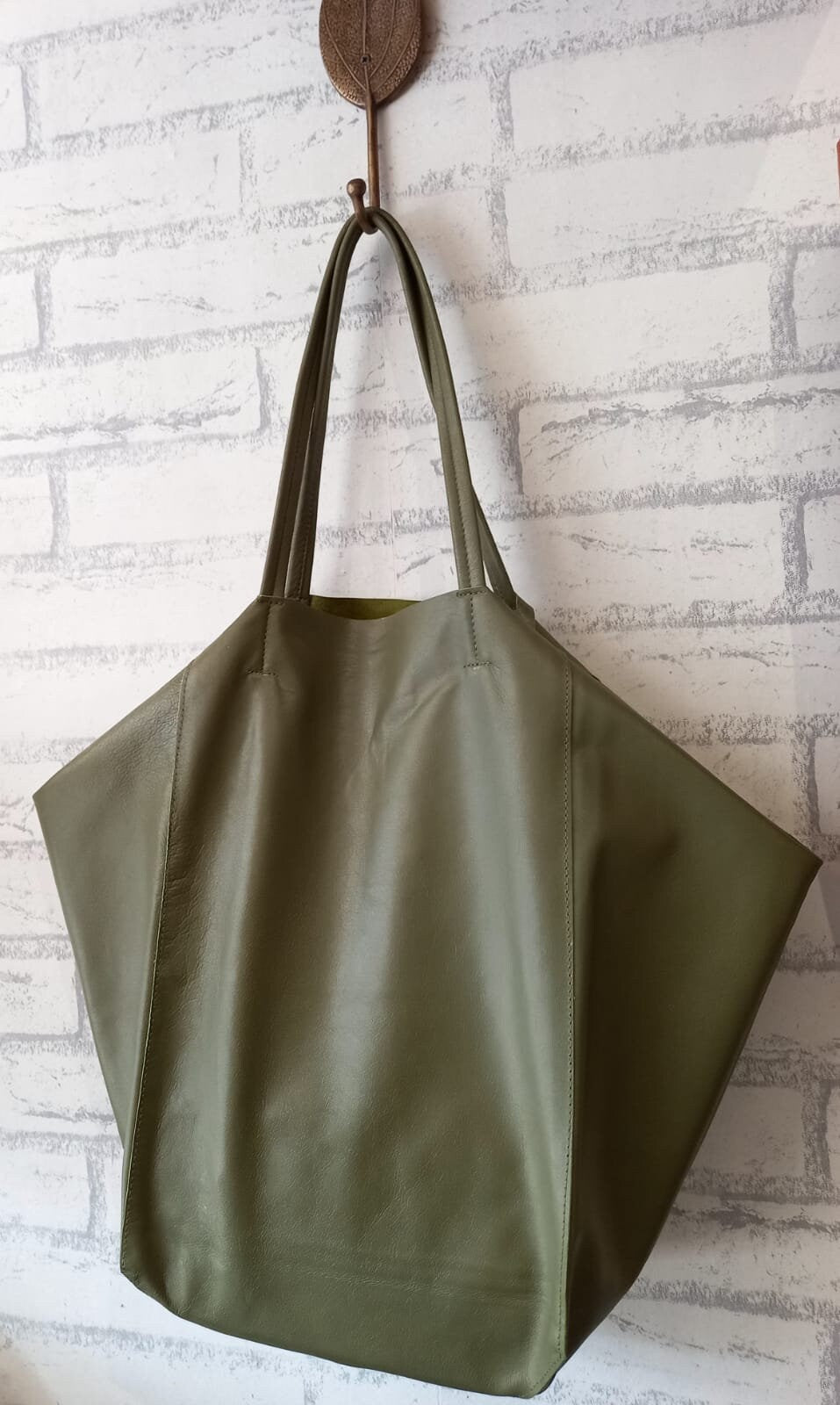 Genuine leather khaki green tote shopper big bag / everyday purse / handmade bags / designer bags / summer bag / gift for her