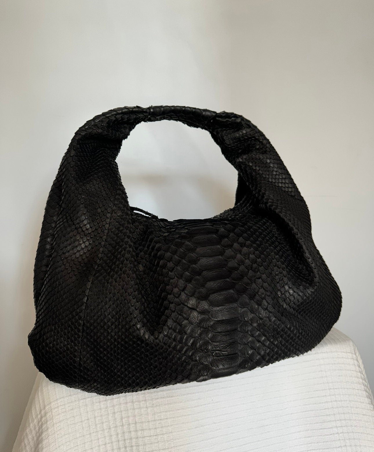 Small Soft Hobo Python Skin Bag — Black