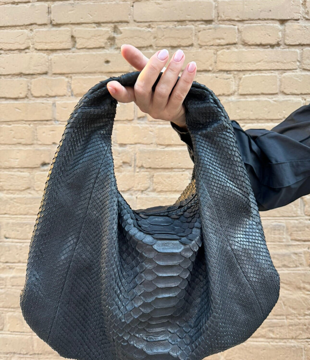 Small Soft Hobo Python Skin Bag — Black