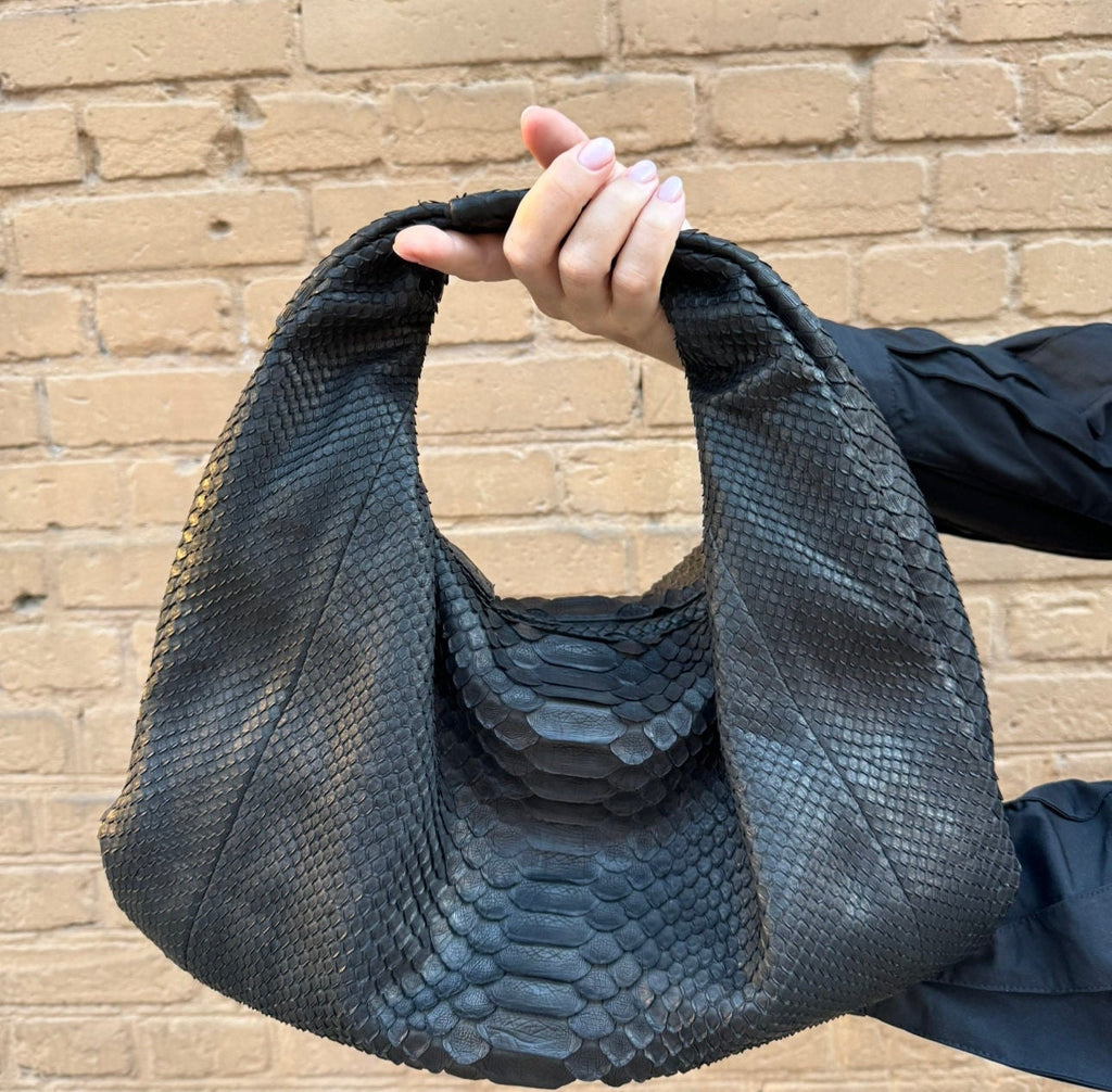 Small Soft Hobo Python Skin Bag — Black
