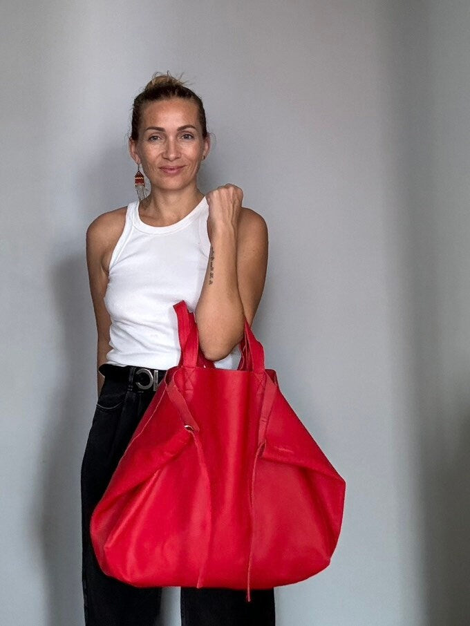 Genuine Leather Oversized Tote Bag — Red