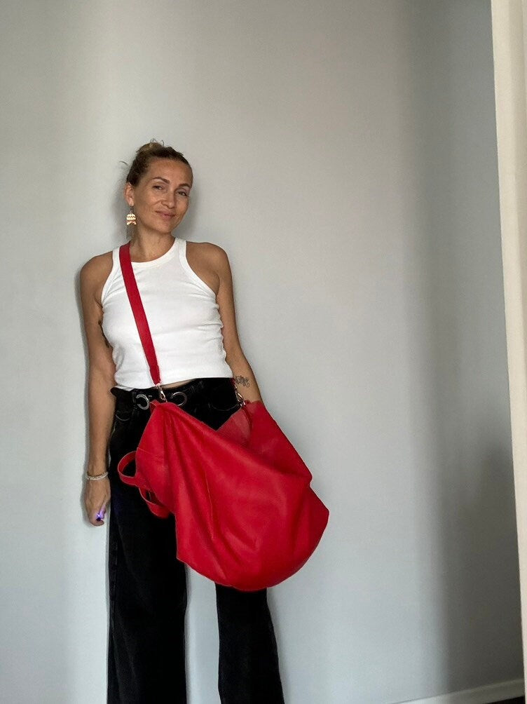Genuine Leather Oversized Tote Bag — Red