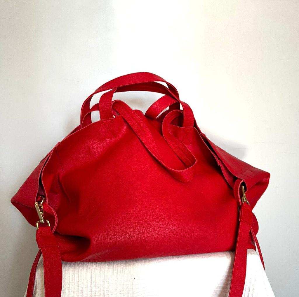 Genuine Leather Oversized Tote Bag — Red