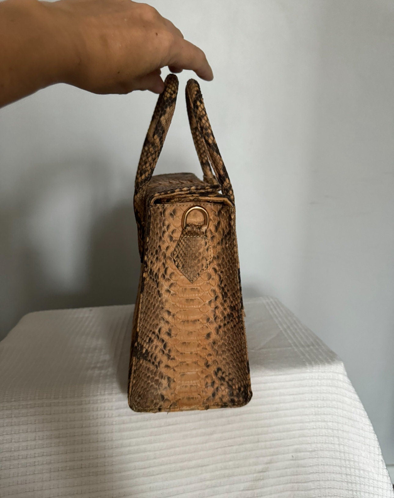 Top handle beige classy MORA  genuine python skin bag