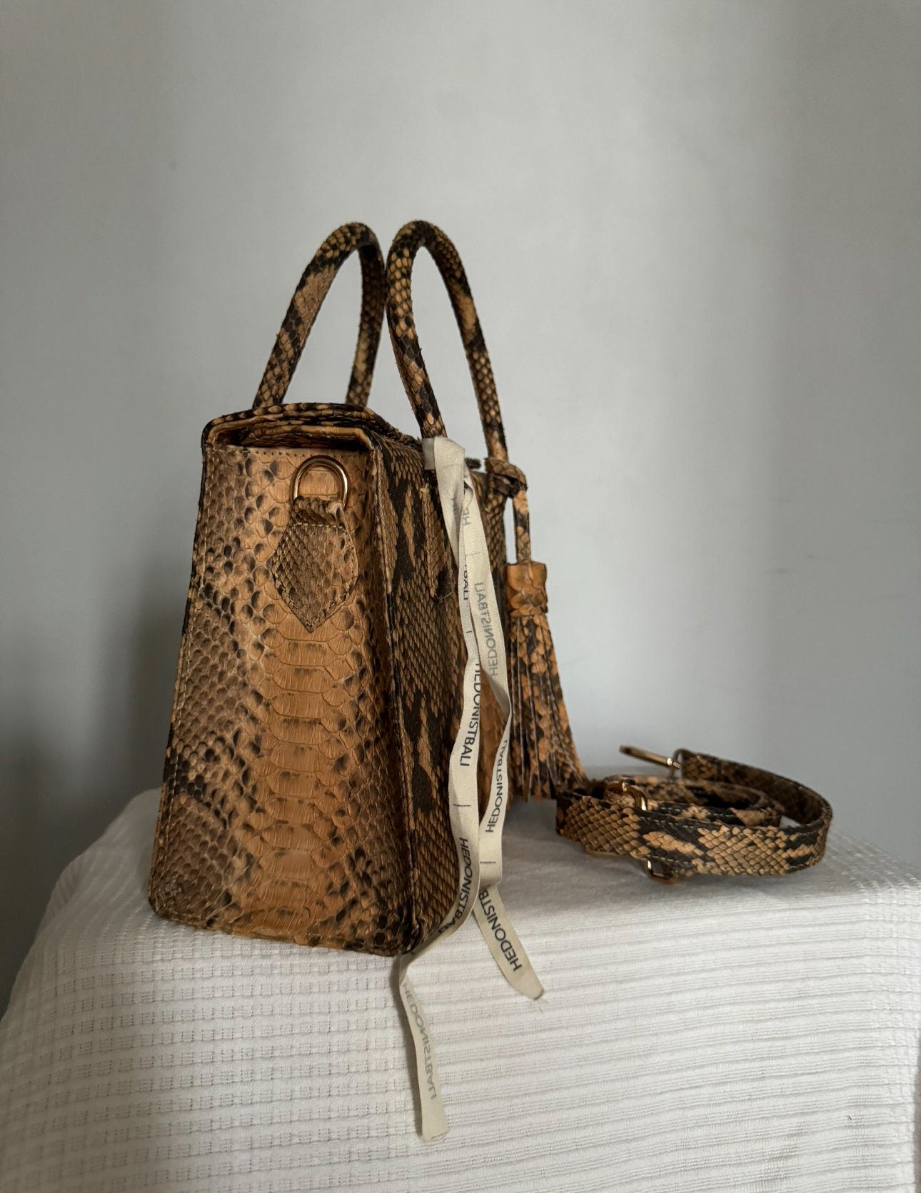 Top handle beige classy MORA  genuine python skin bag