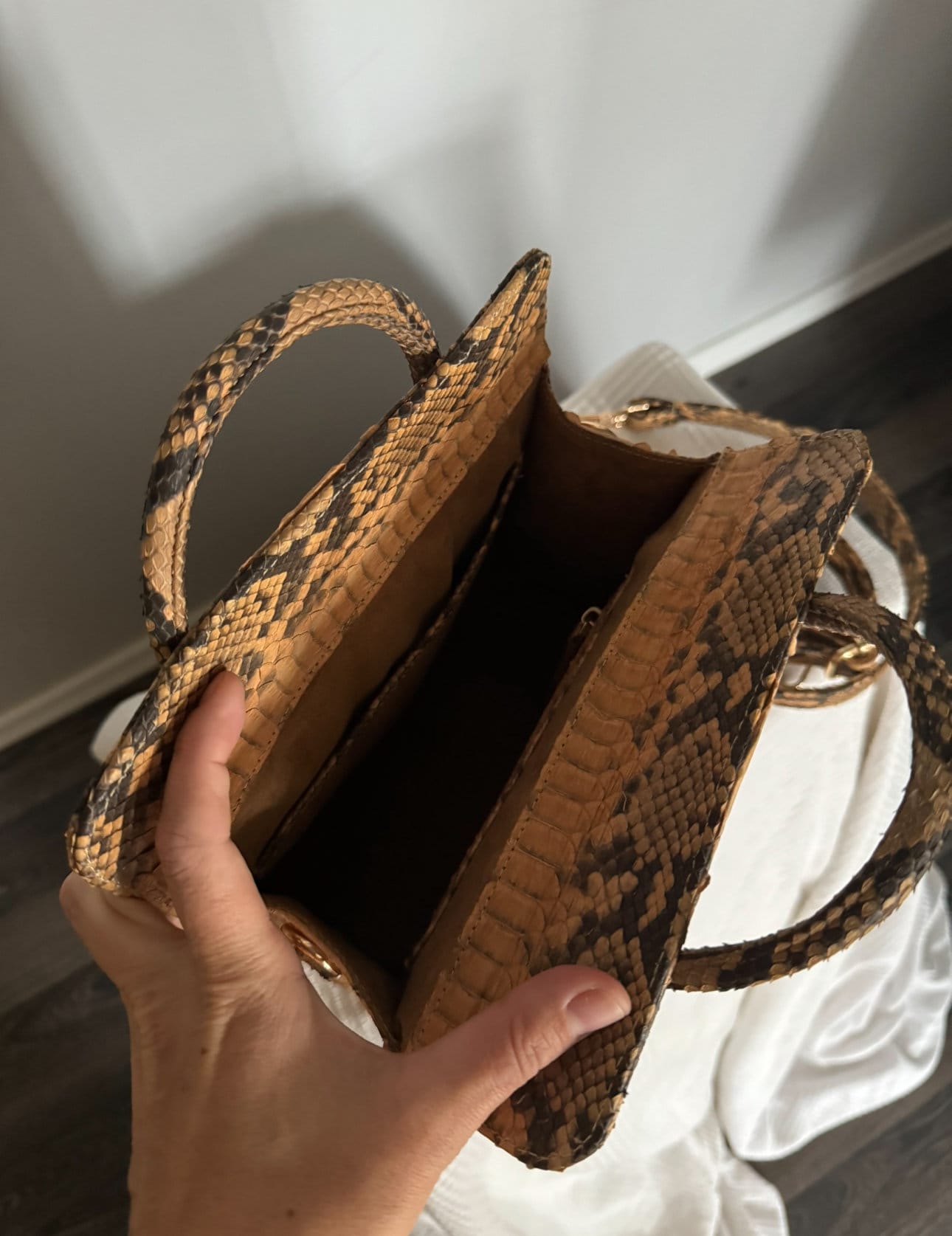 Top handle beige classy MORA  genuine python skin bag