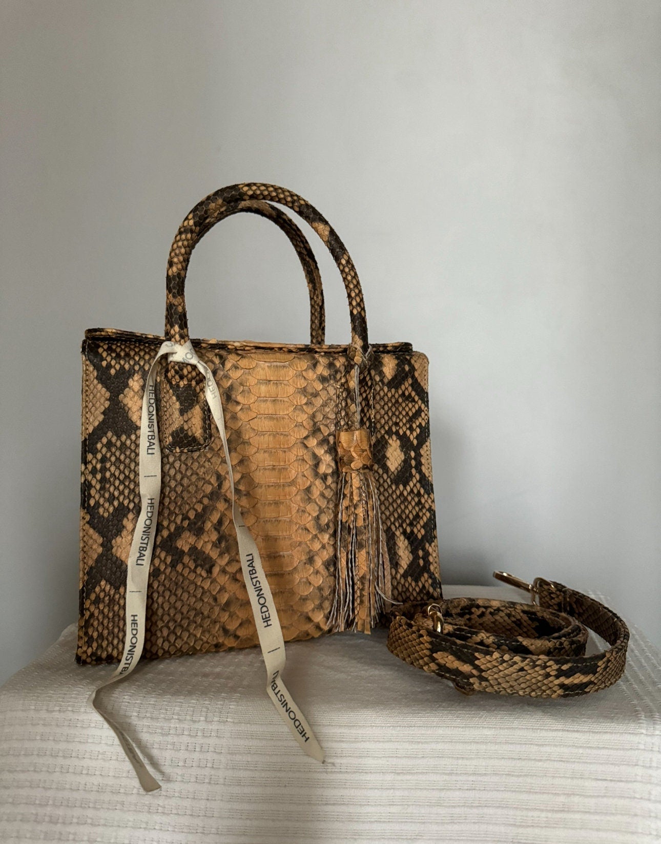 Top handle beige classy MORA  genuine python skin bag