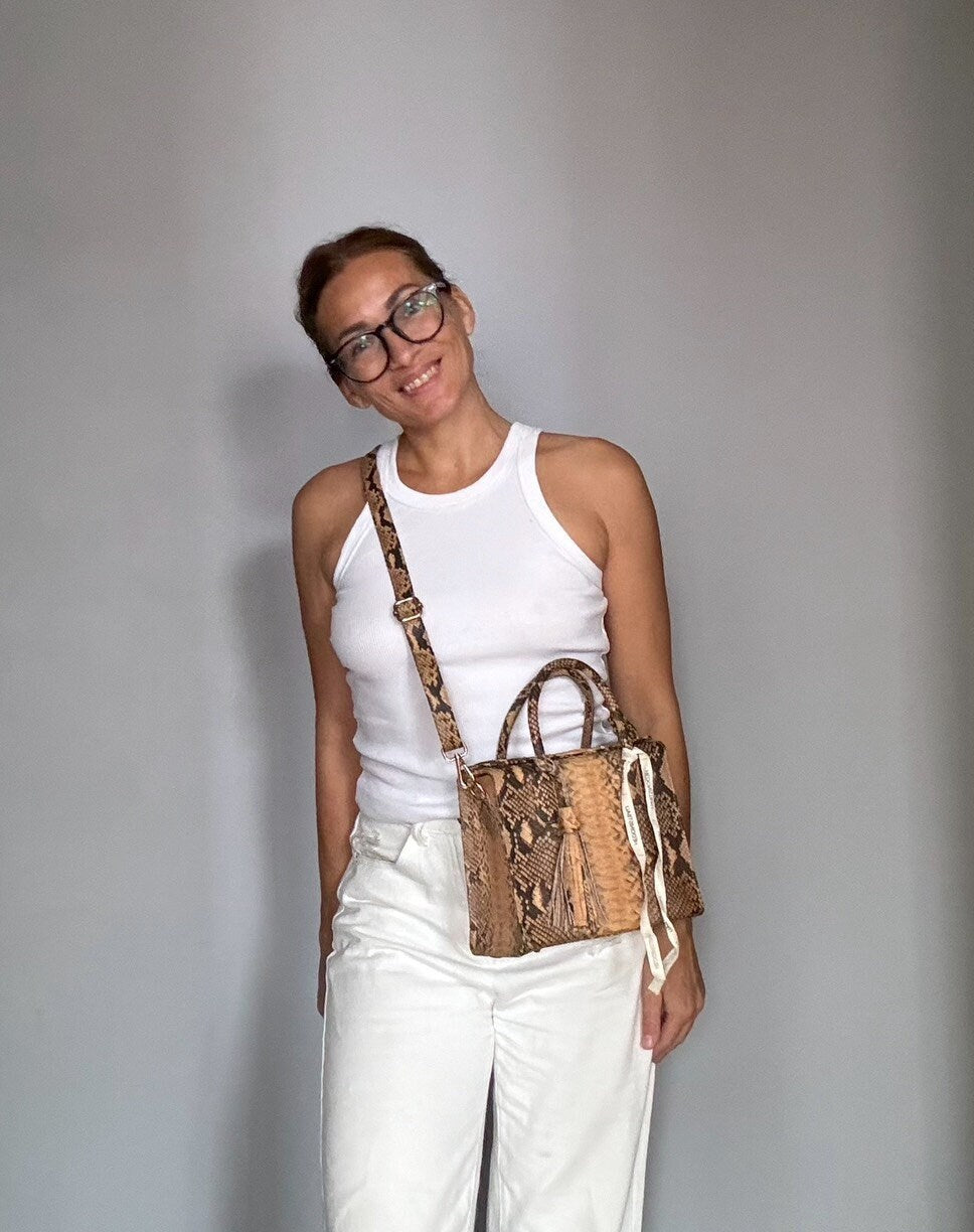 Genuine Python Skin Top Handle Bag MORA — Beige