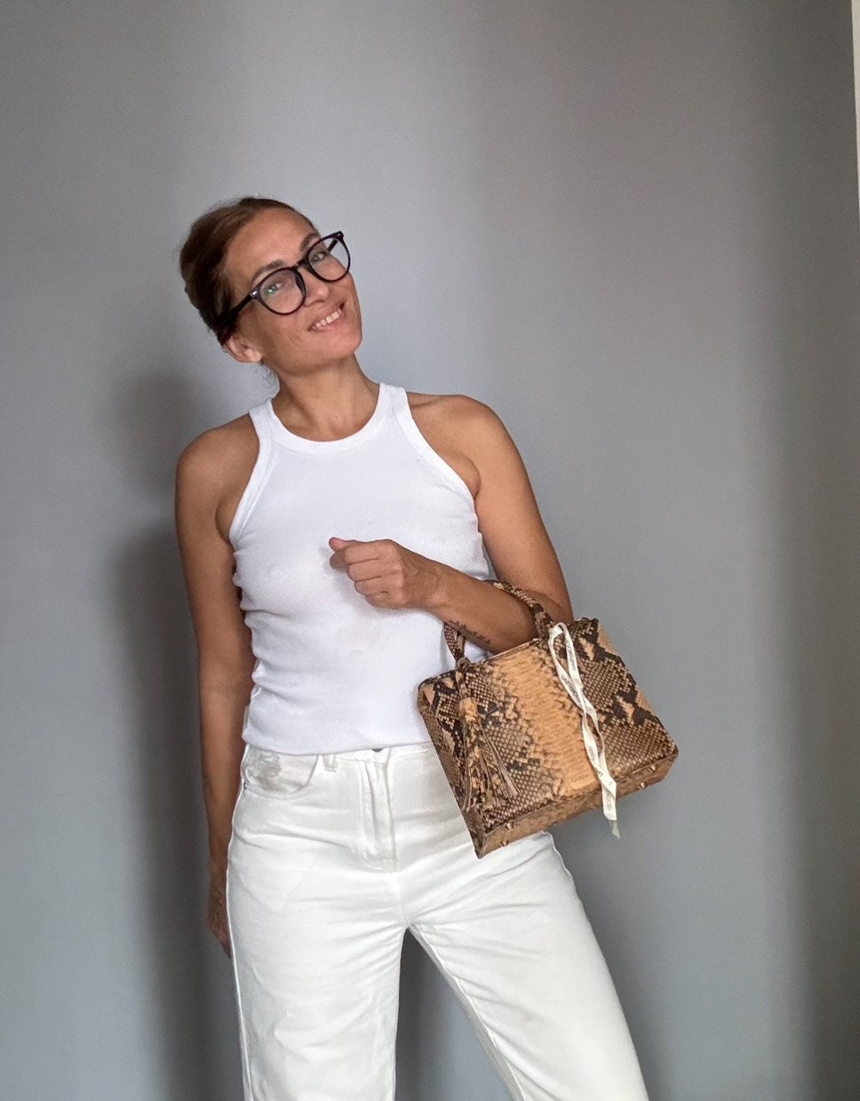 Genuine Python Skin Top Handle Bag MORA — Beige