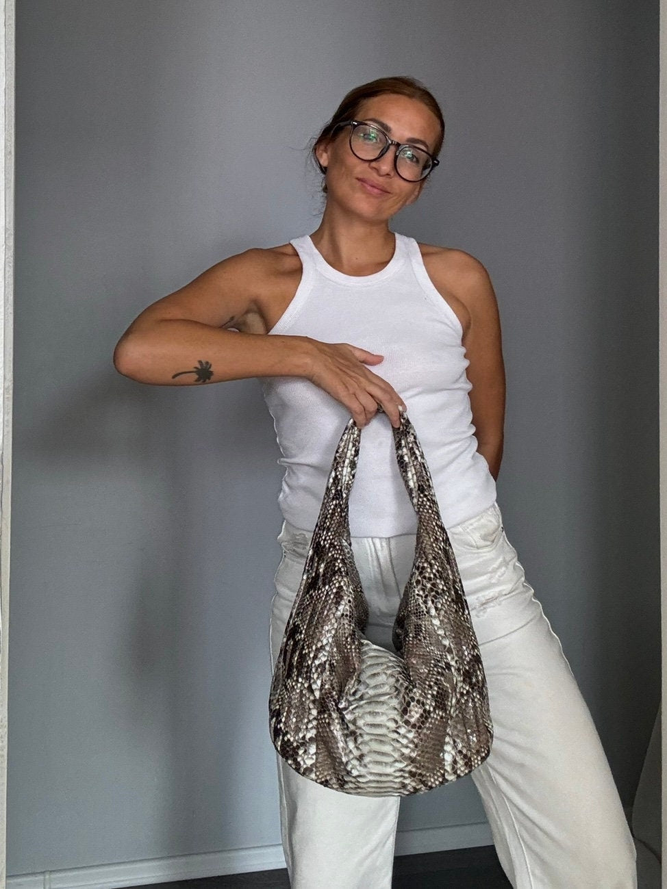 Soft Hobo Python Skin Stitched Bag — Gray