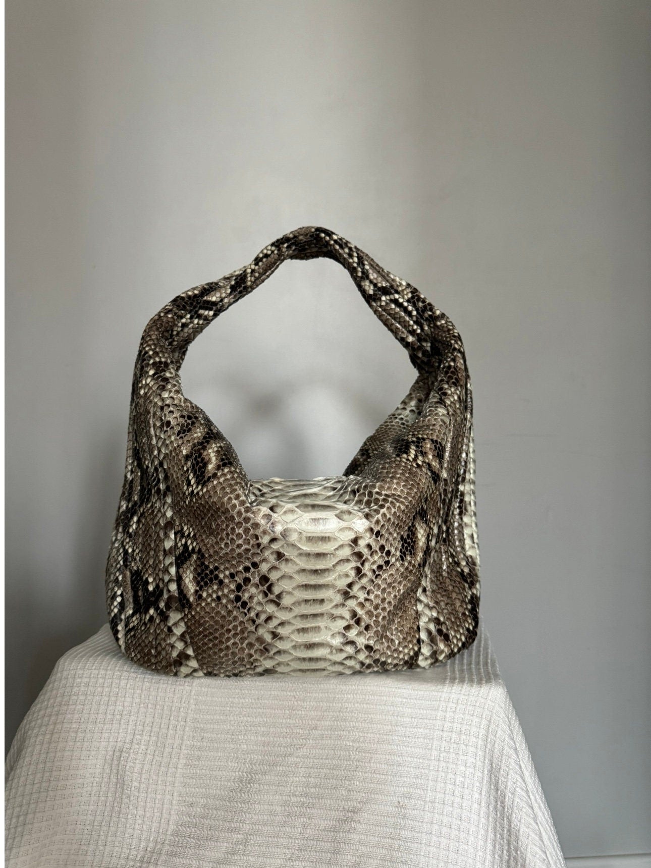 Soft Hobo Python Skin Stitched Bag — Gray