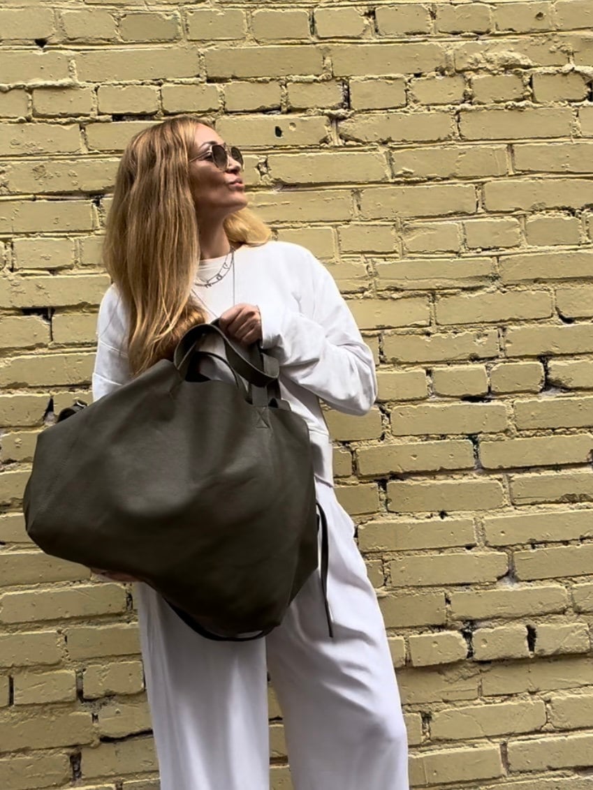 Genuine Leather Oversized Tote Bag — Khaki Green