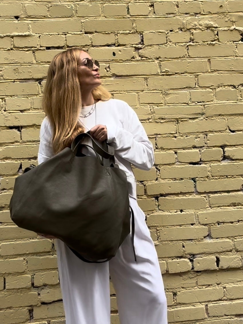 Genuine leather khaki green oversize tote shopper triple handle big bag / everyday purse / handmade bags / designer bags / summer bag / — Red