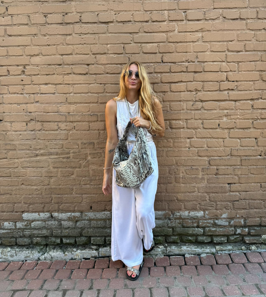Soft Hobo Python Skin Stitched Bag — Gray