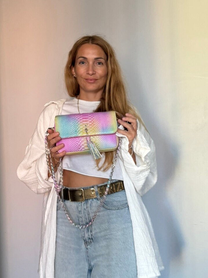 Genuine Python Skin Midi Crossbody Bag — Rainbow