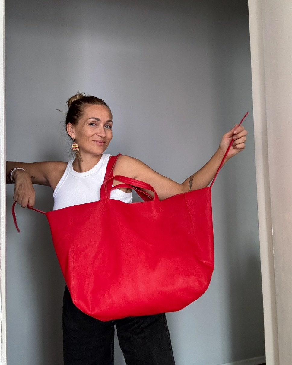 Genuine Leather Oversized Tote Bag — Red
