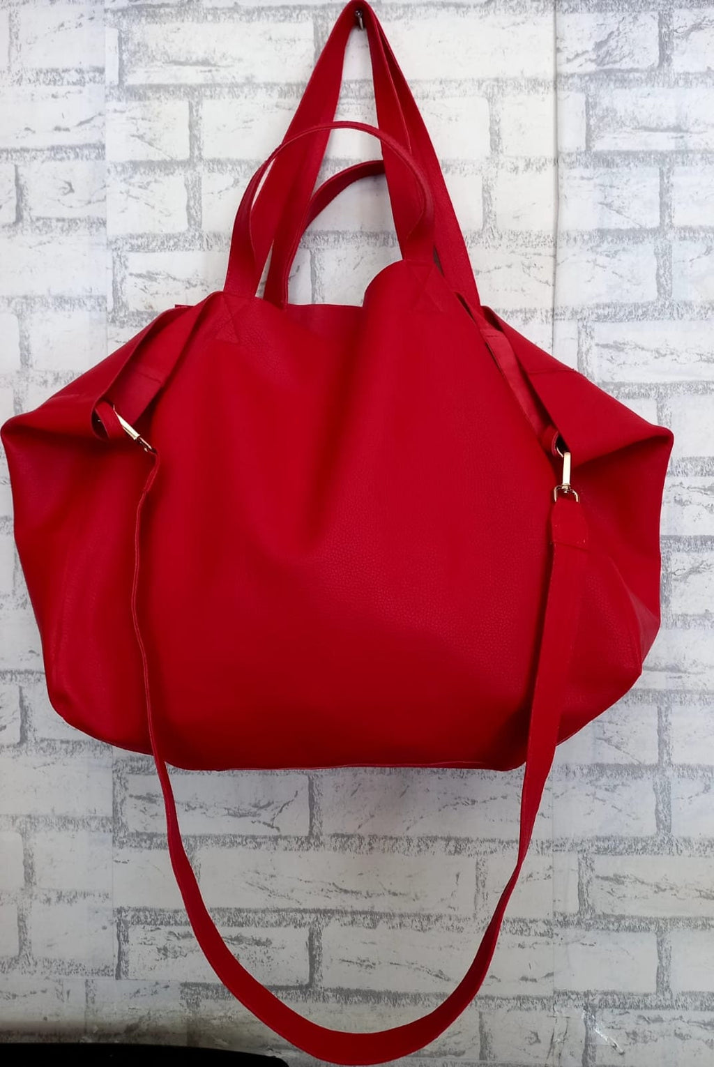 Genuine Leather Oversized Tote Bag — Red