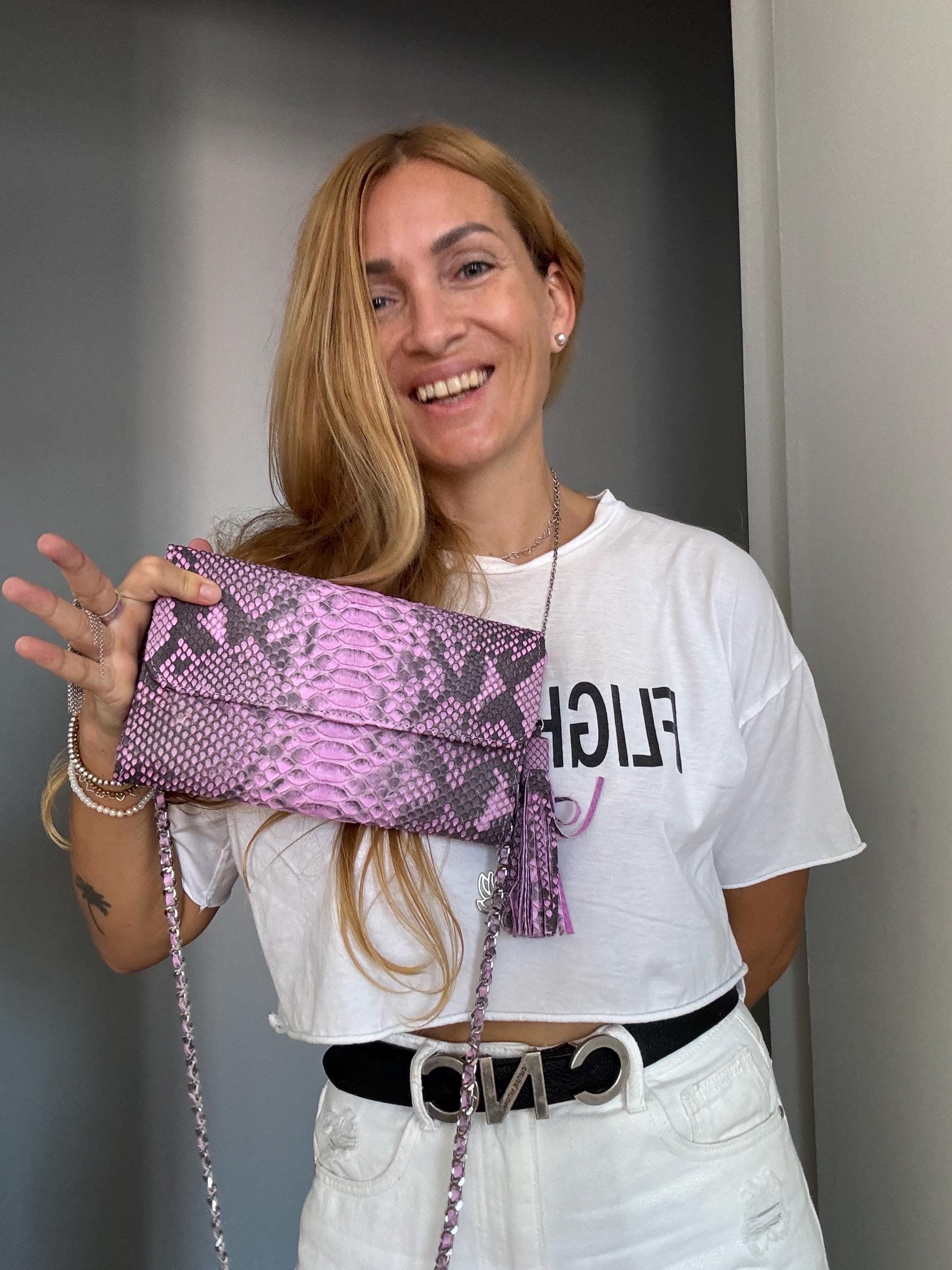 Genuine python skin classy flat clutch with shoulder chain — Pink