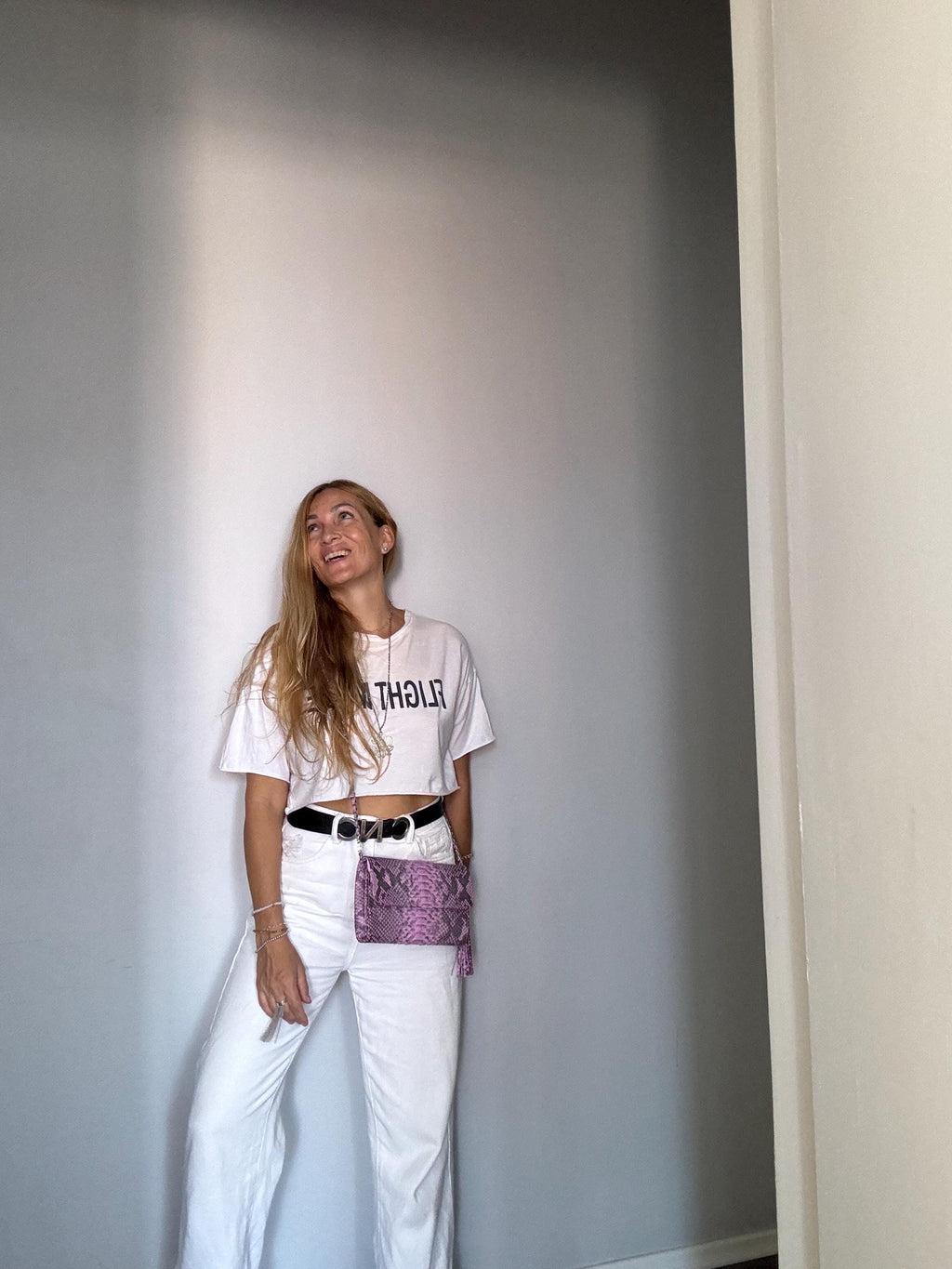 Genuine python skin classy flat clutch with shoulder chain — Pink