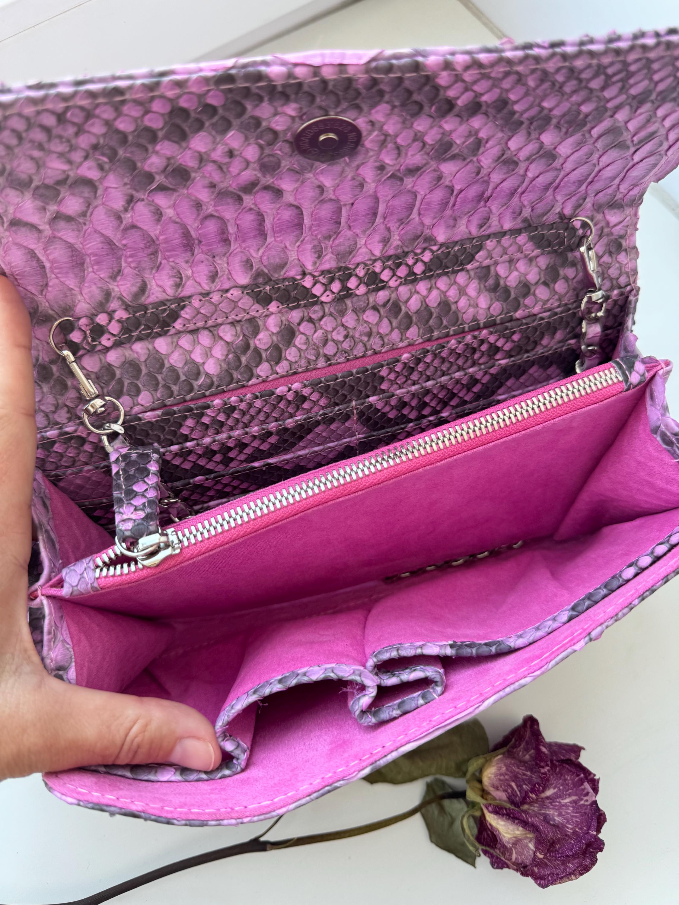 Genuine python skin classy flat clutch with shoulder chain | elegant evening women purse | designer leather bags | small shoulder pink bag