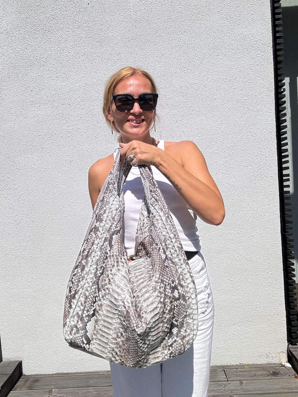 Big Soft Hobo Python Skin Stitched Bag — Gray