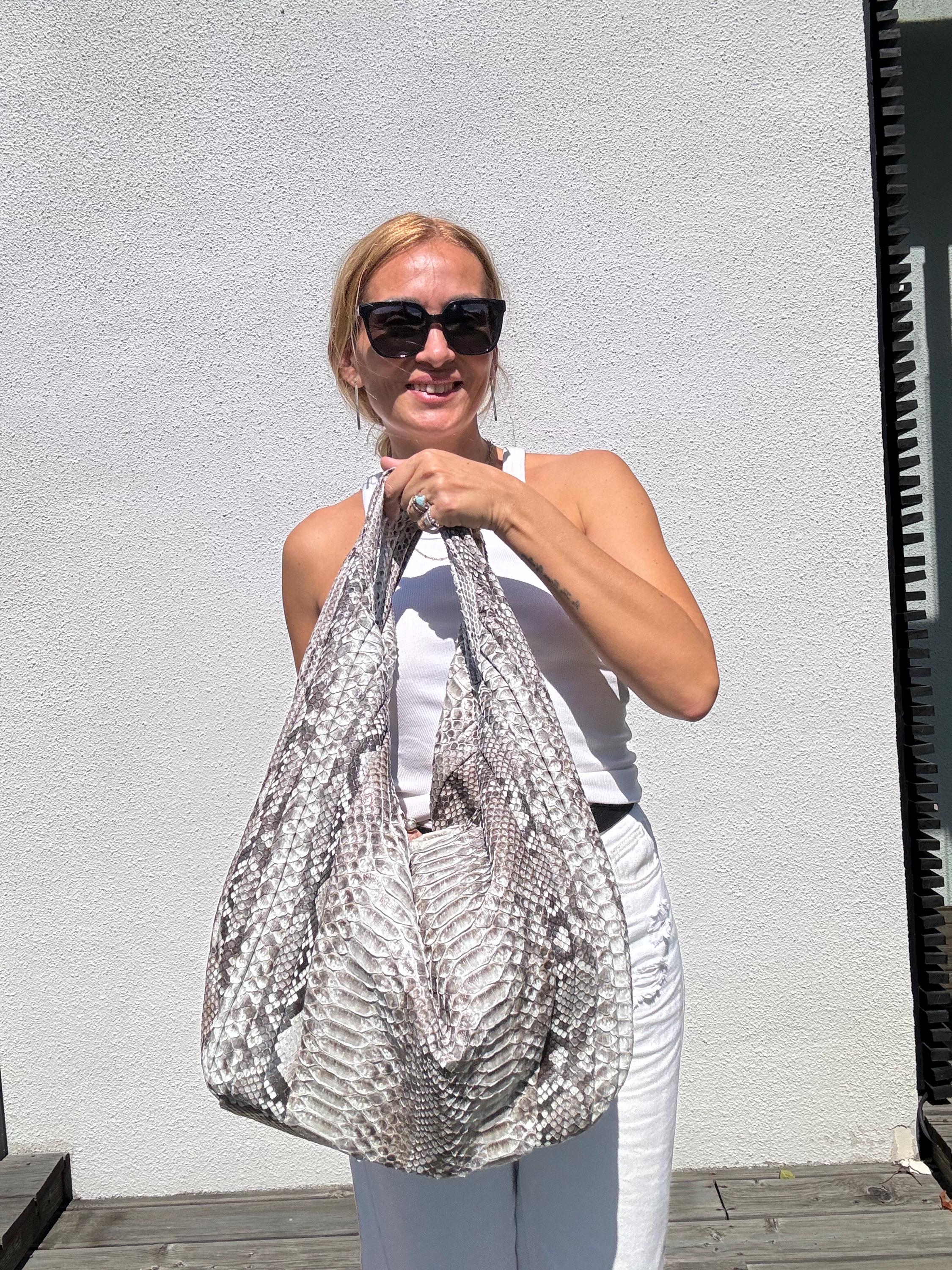 Big Soft Hobo Python Skin Stitched Bag — Gray