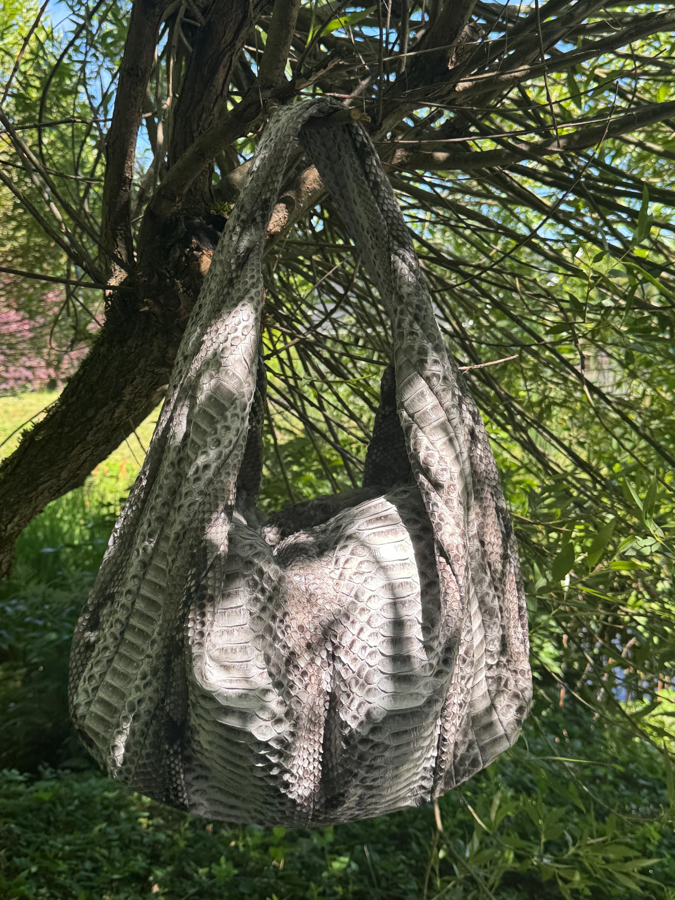 Big Soft Hobo Python Skin Stitched Bag — Gray