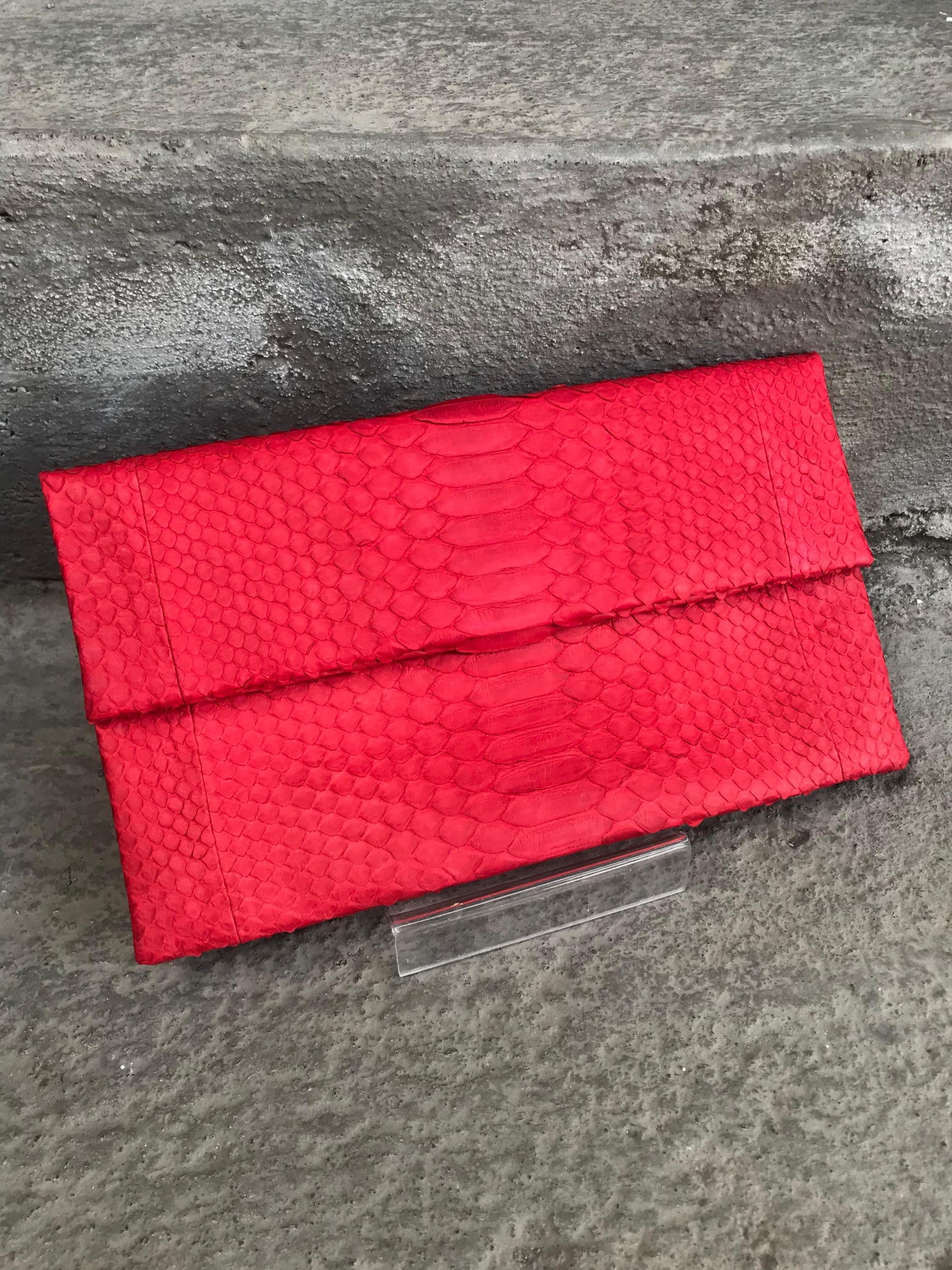 READY TO SHIP Genuine Python Skin Envelope Clutch — Red