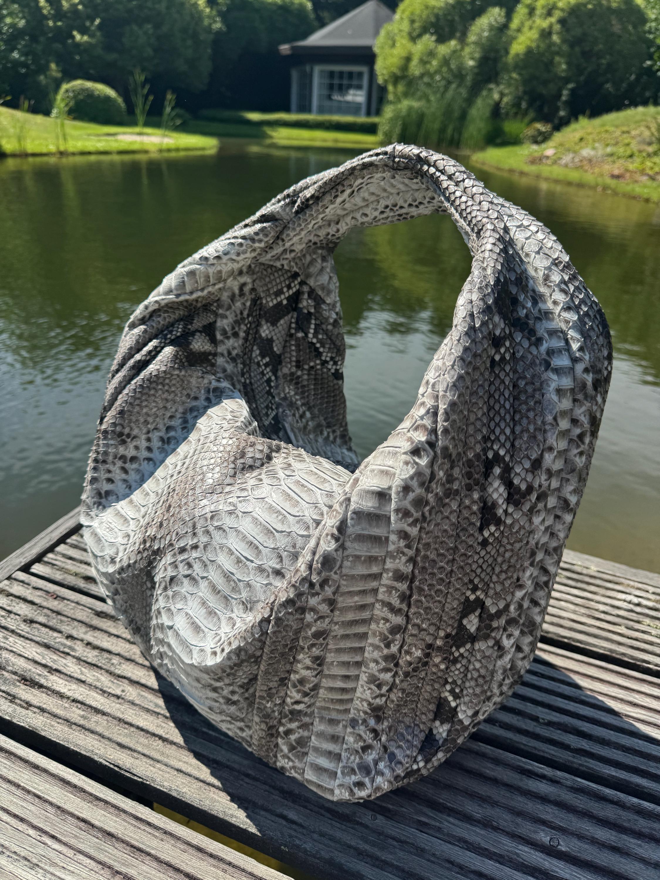 Big Soft Hobo Python Skin Stitched Bag — Gray