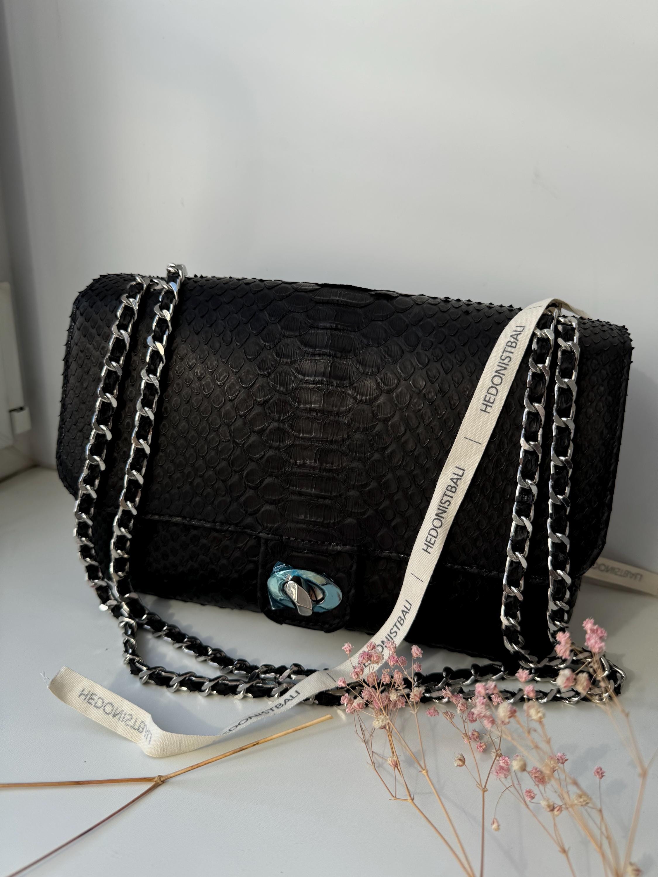 Genuine Python Skin Maxi Crossbody Bag — Black