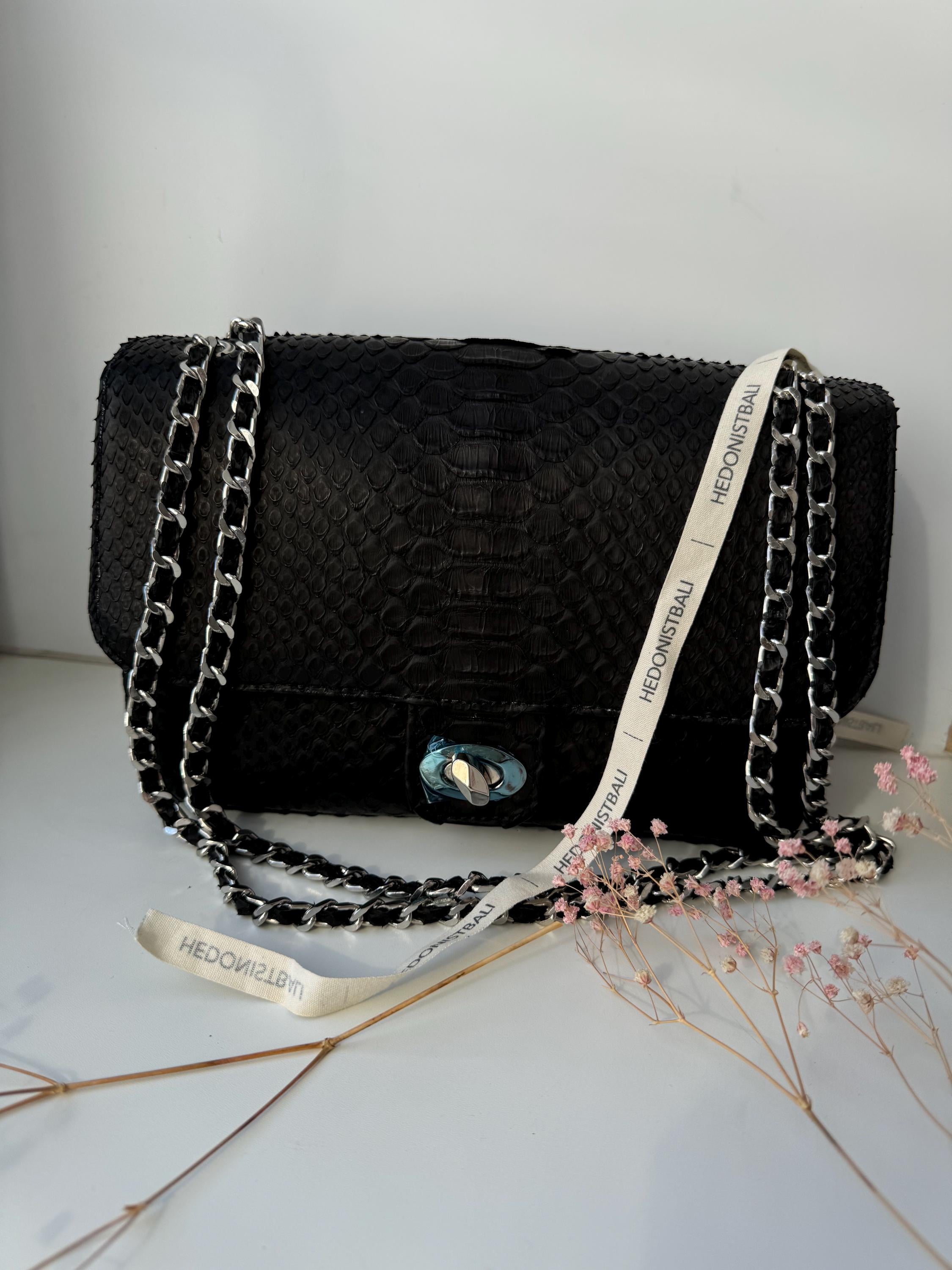 Genuine Python Skin Maxi Crossbody Bag — Black
