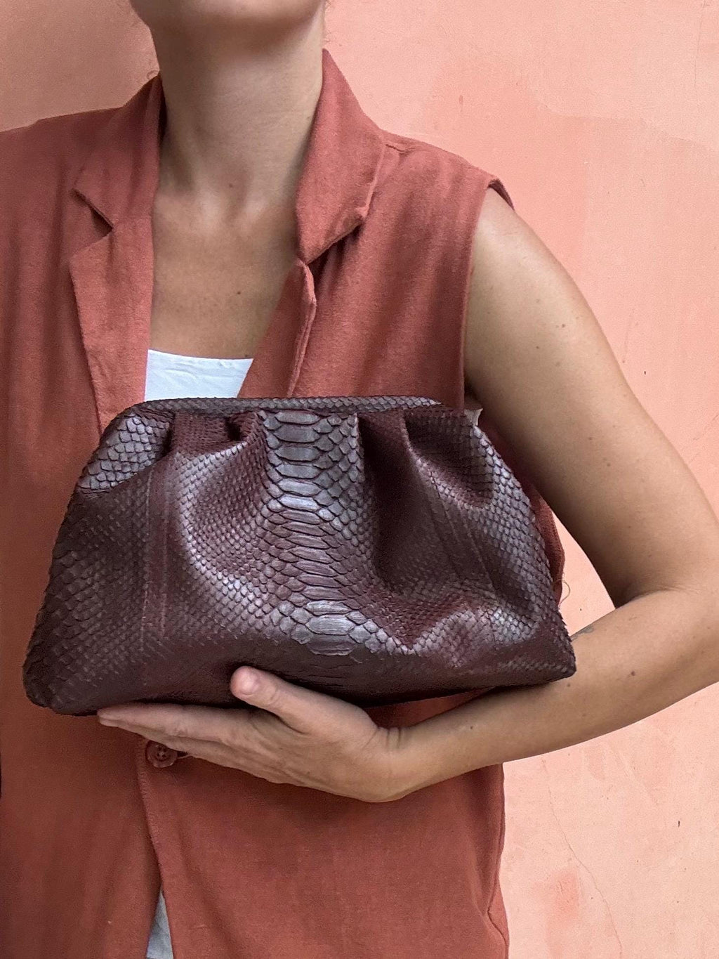 Genuine python skin brown pouch bag | exotic leather bags | medium size soft clutch | snake designer bag | gift for her | classy purse