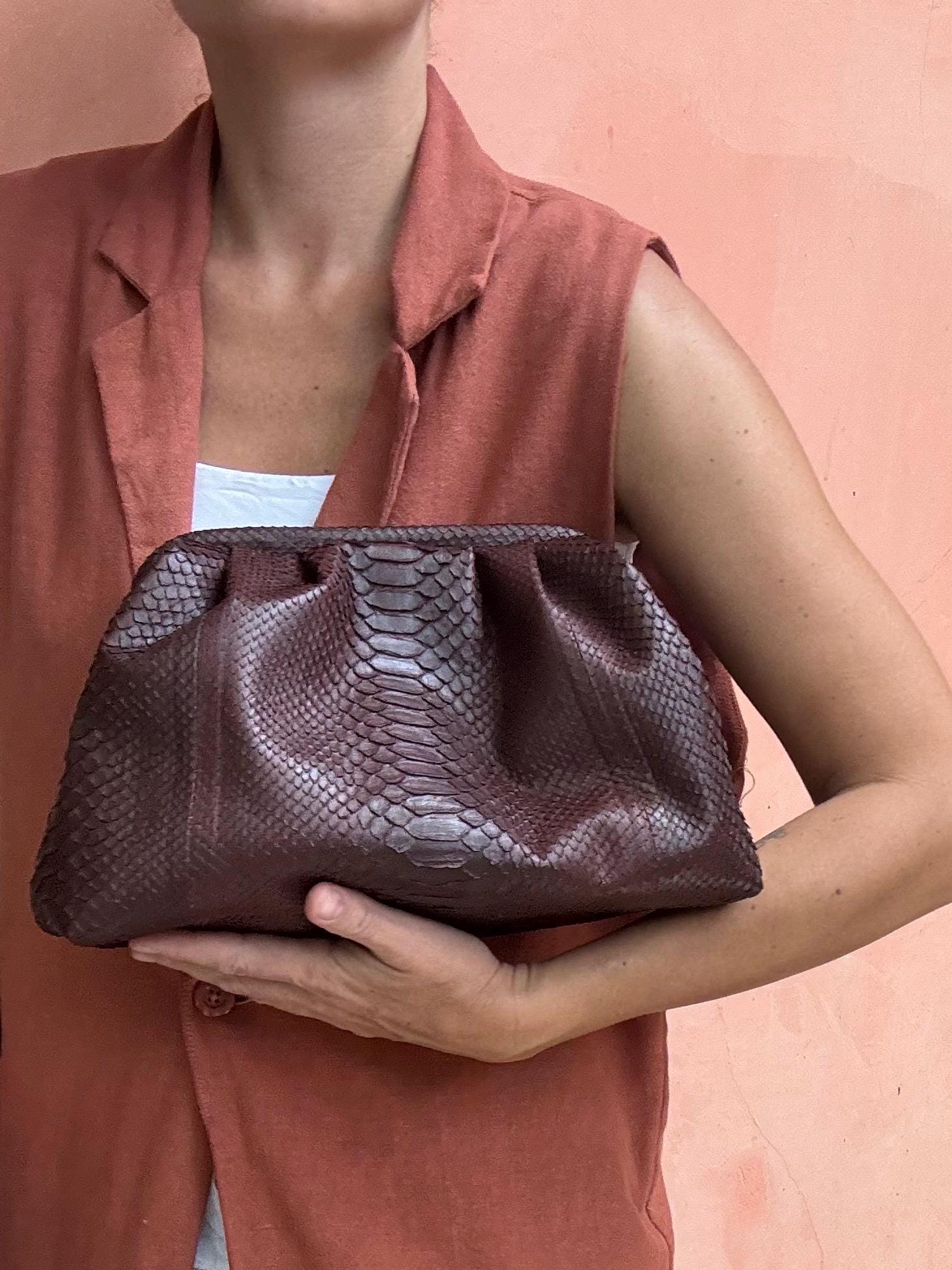 Genuine python skin brown pouch bag | exotic leather bags | medium size soft clutch | snake designer bag | gift for her | classy purse