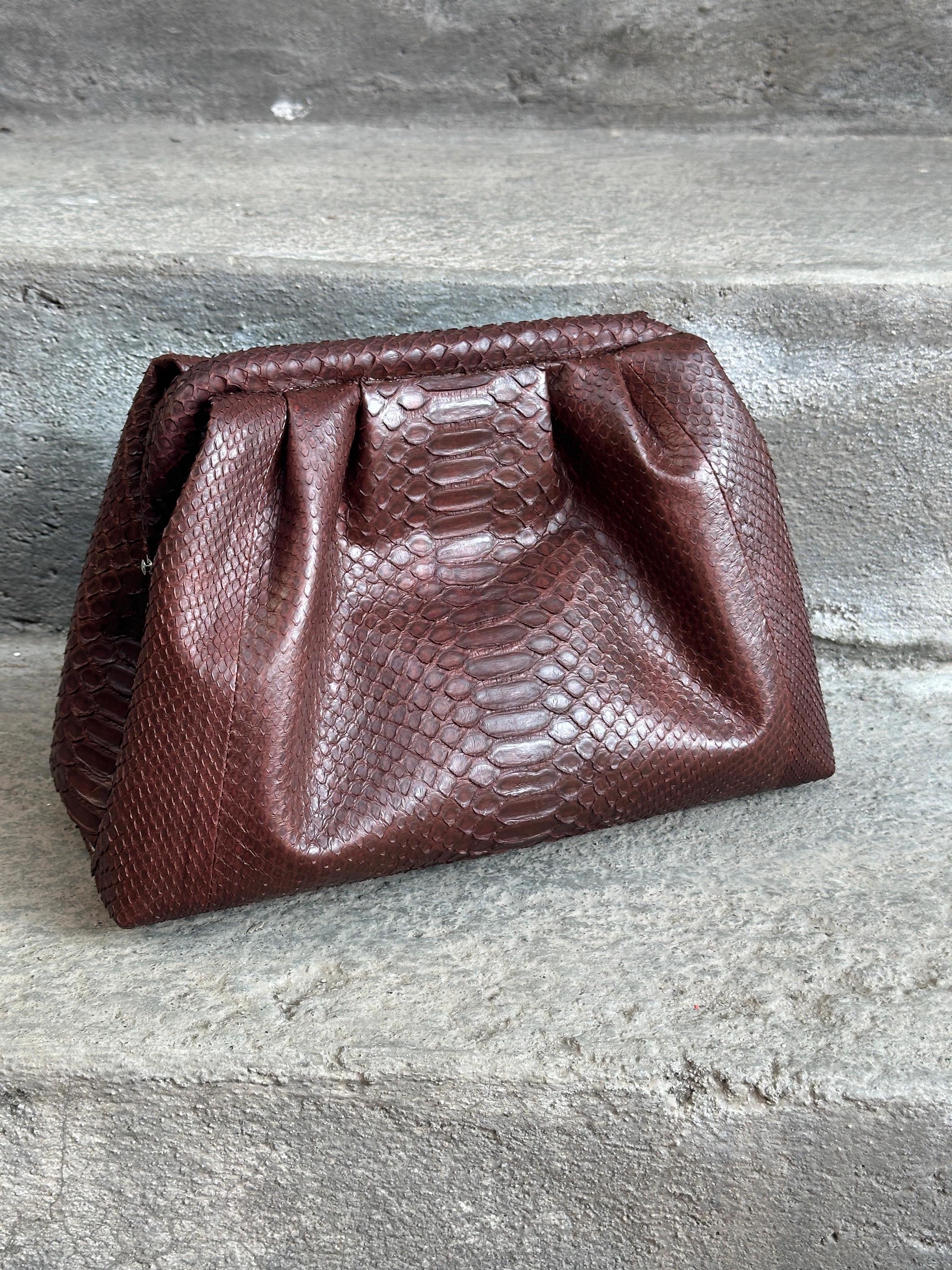 Genuine python skin brown pouch bag | exotic leather bags | medium size soft clutch | snake designer bag | gift for her | classy purse