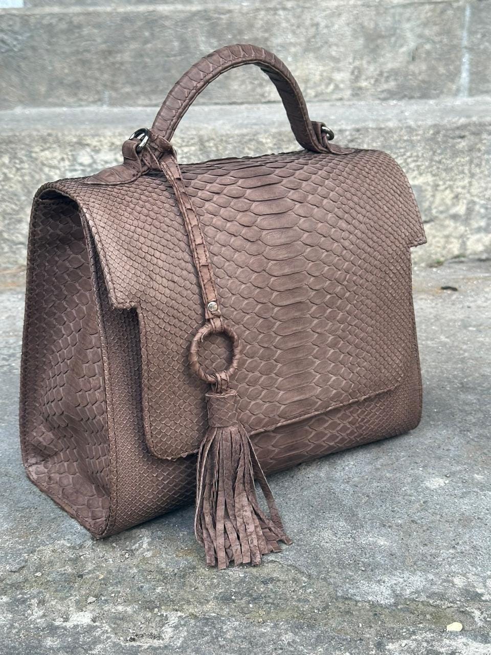 Genuine Python Skin Top Handle Big Bag — Brown