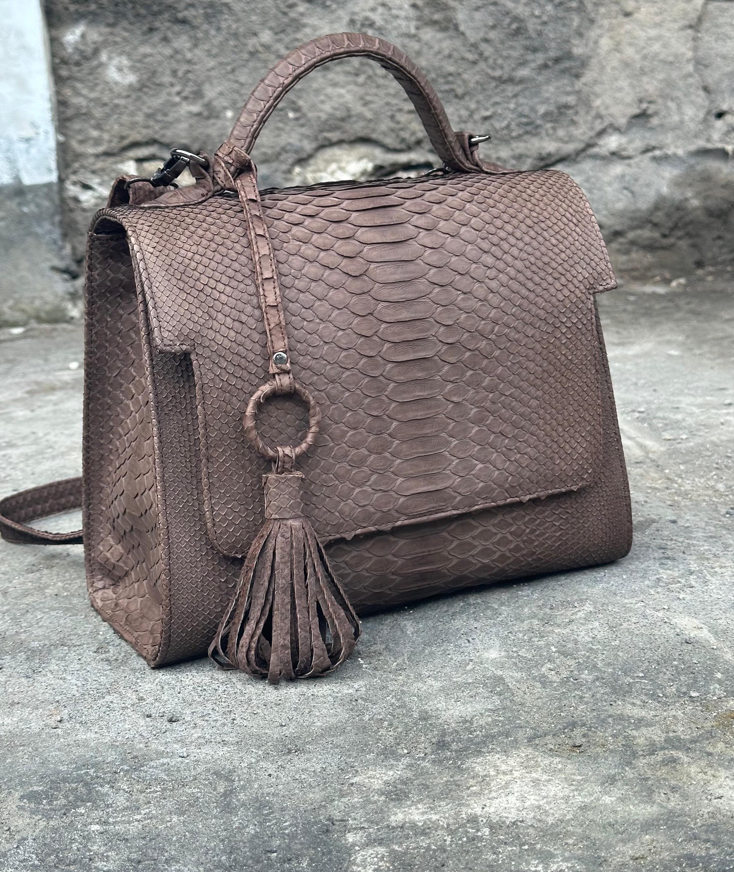 Top handle brown classy genuine python skin big bag