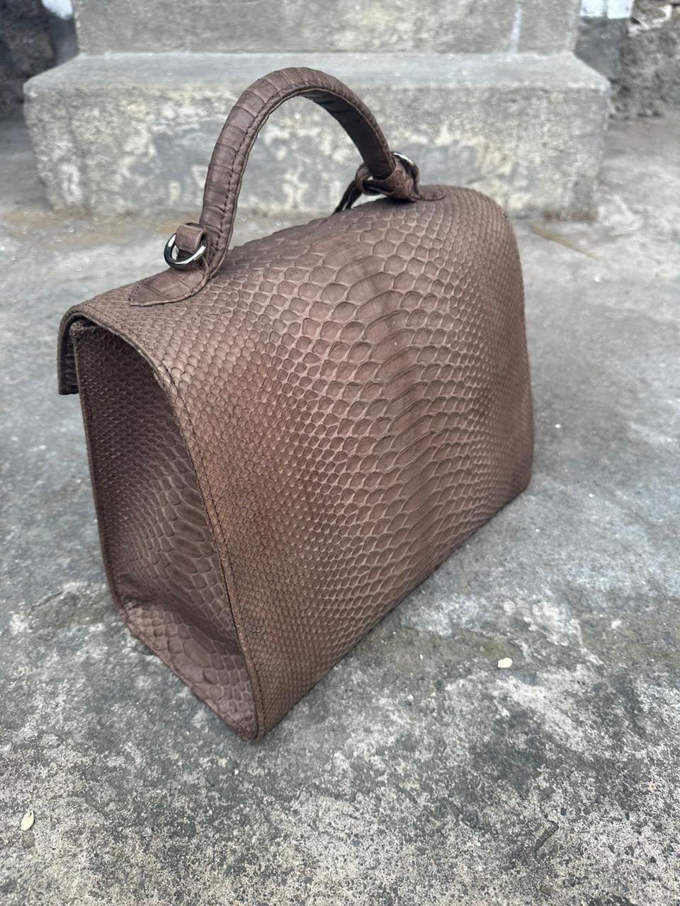 Genuine Python Skin Top Handle Big Bag — Brown