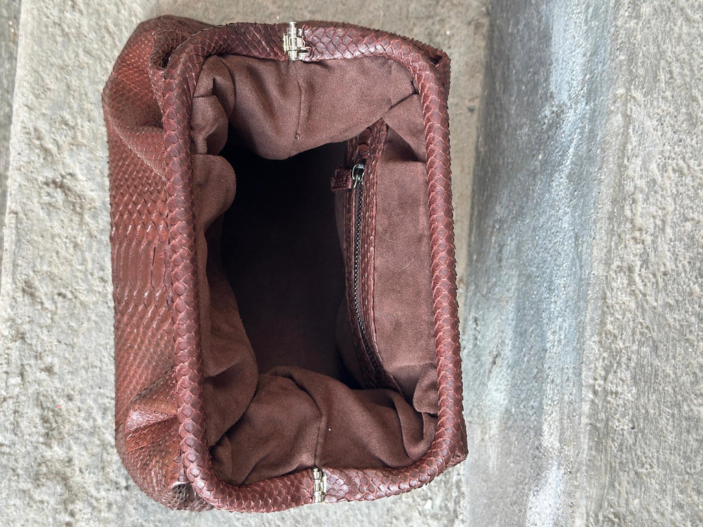 Genuine python skin brown pouch bag | exotic leather bags | medium size soft clutch | snake designer bag | gift for her | classy purse