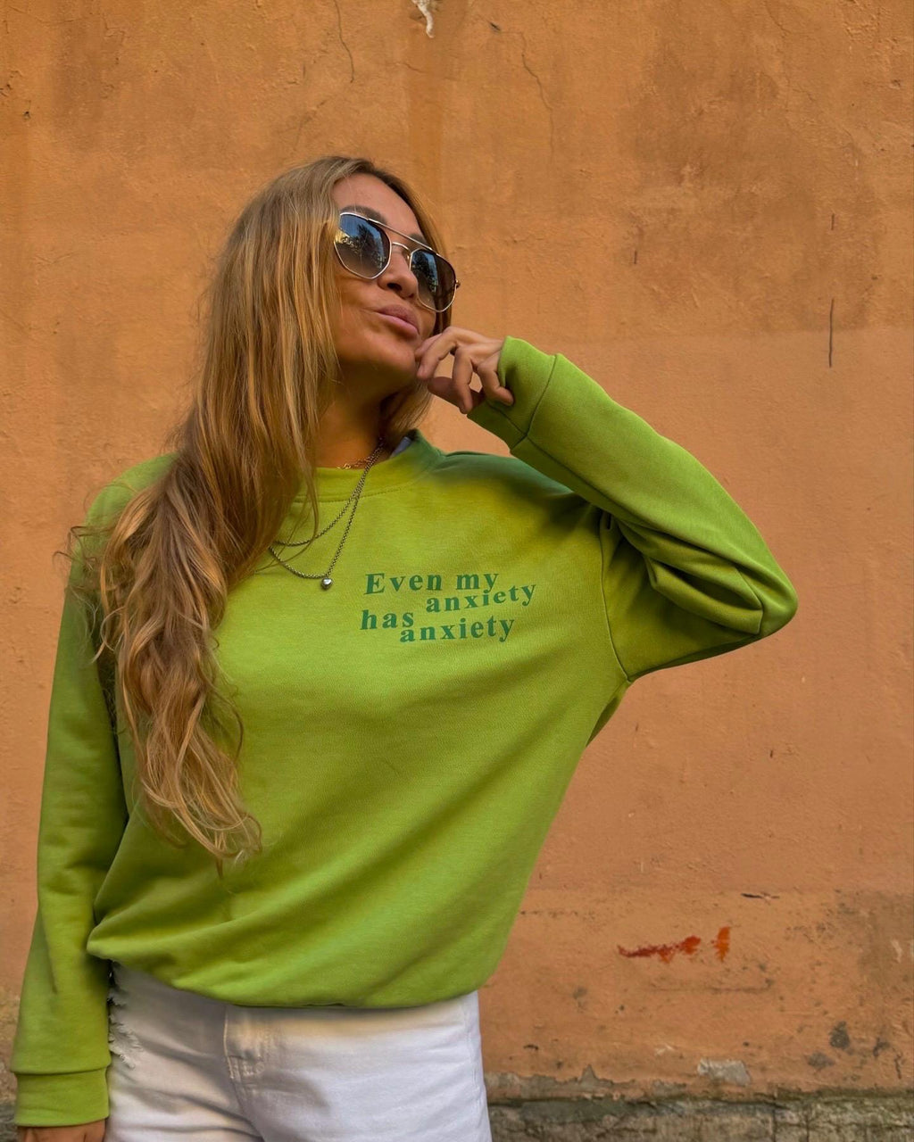 Bright Green Designer Sweatshirt with anxiety print