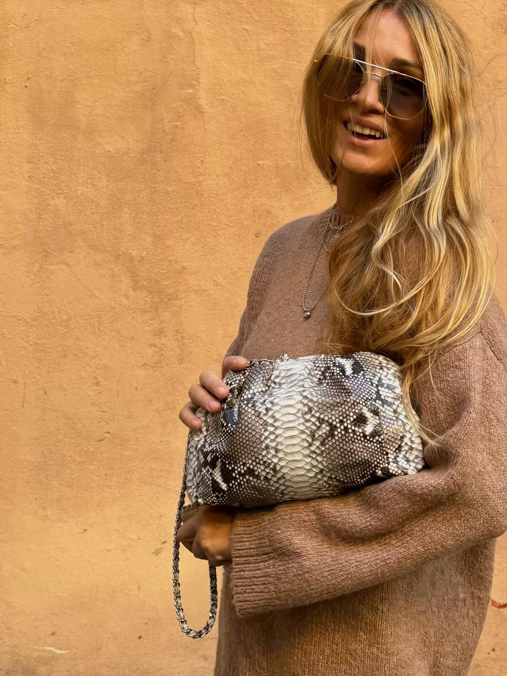 Genuine Python Skin Pouch Bag — Grey Natural