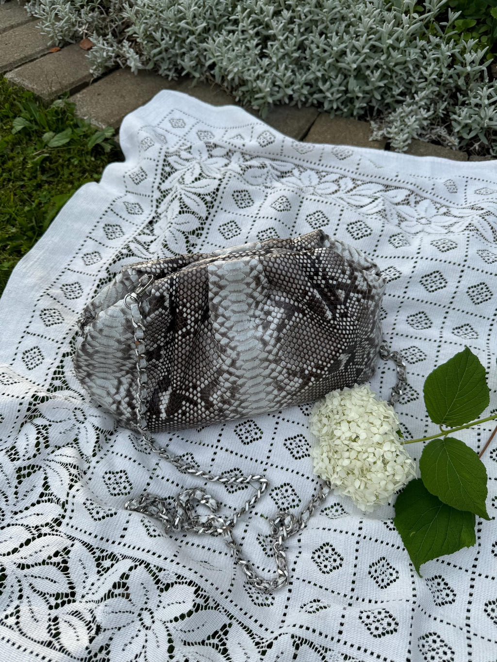 Genuine Python Skin Pouch Bag — Grey Natural