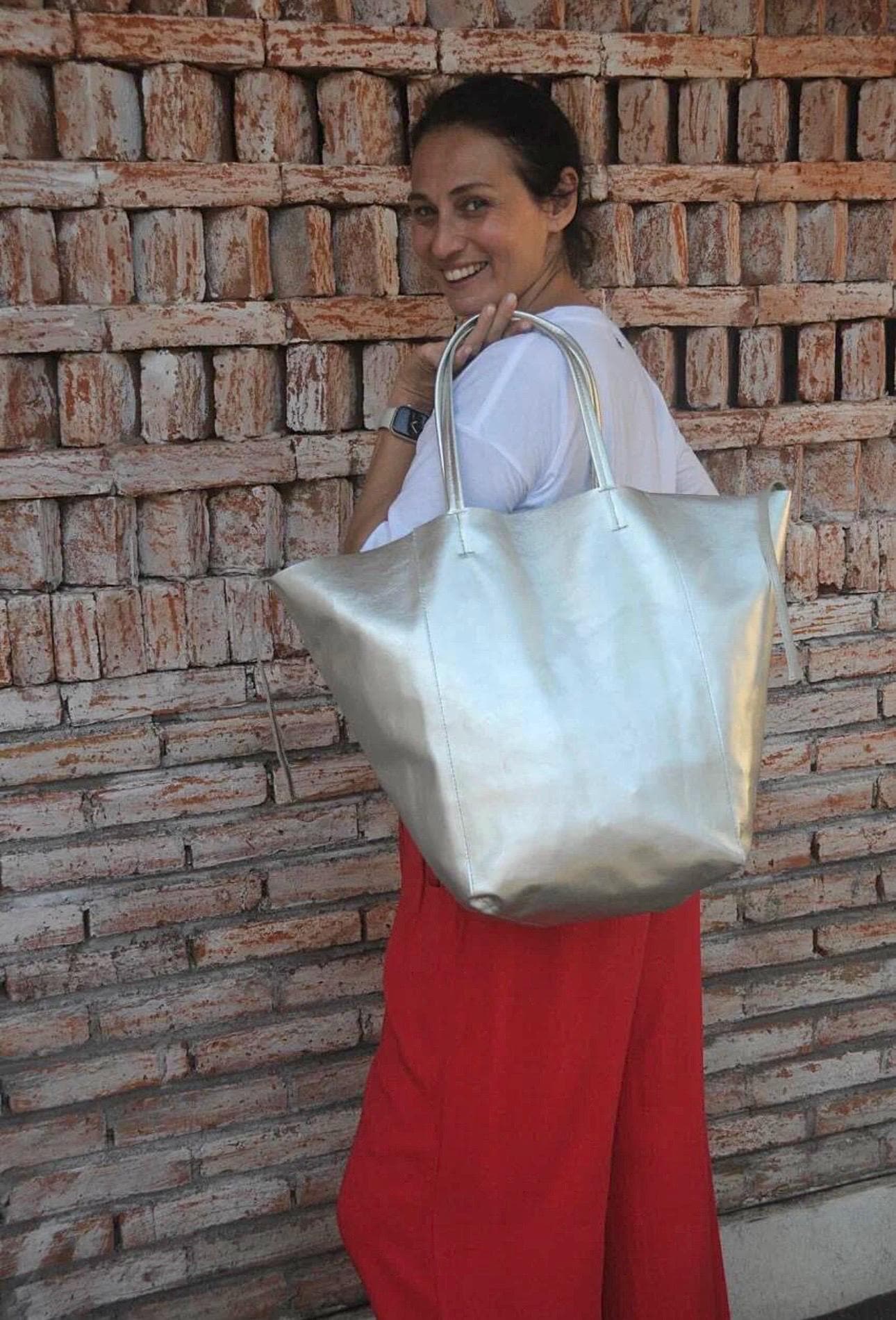 Genuine leather silver tote shopper big bag / everyday purse / handmade bags / designer bags / summer bag / gift for her — Red