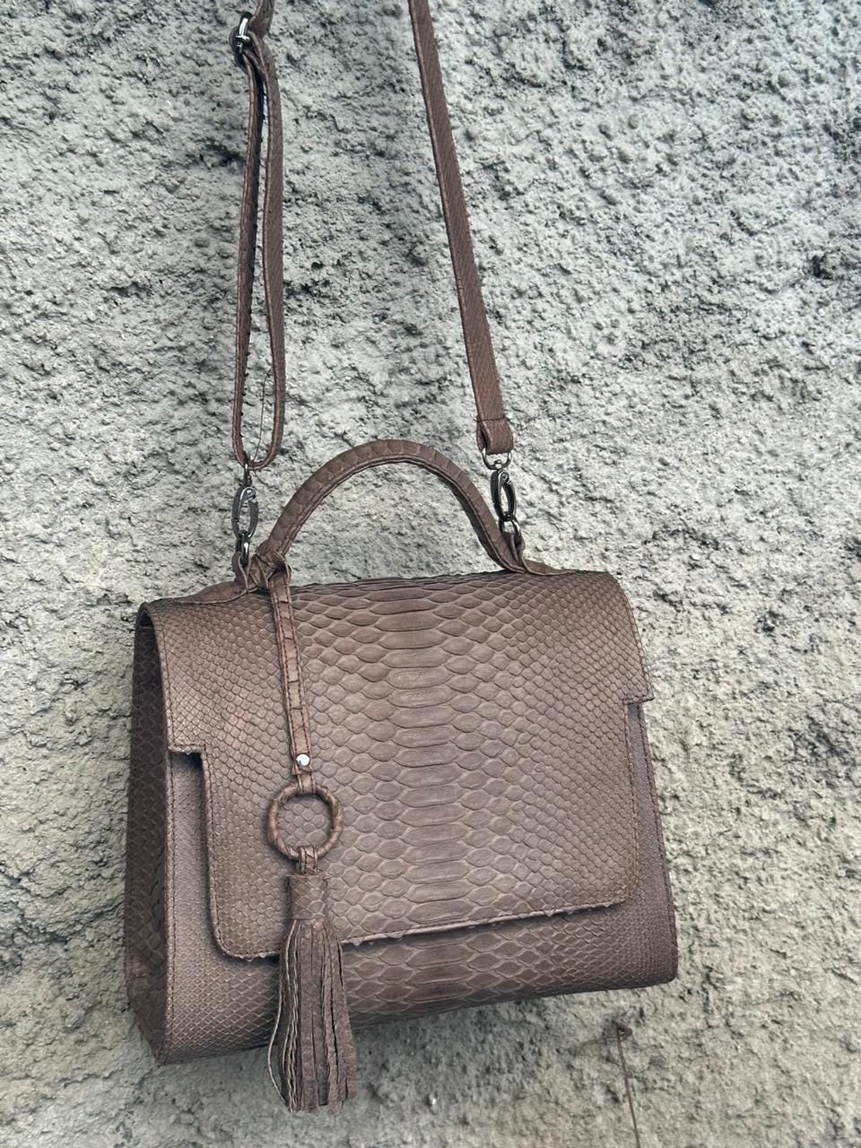 Genuine Python Skin Top Handle Big Bag — Brown