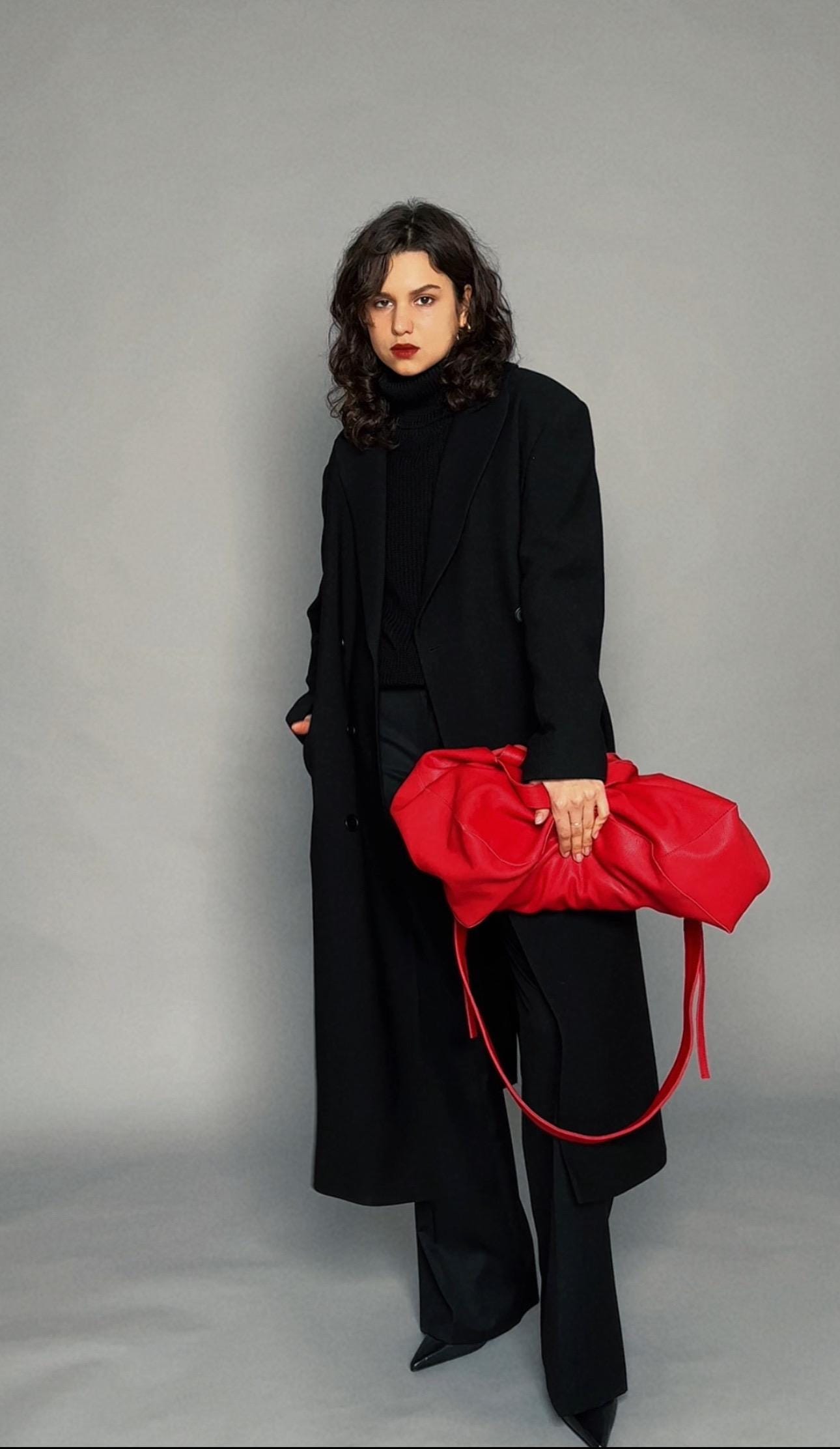 Genuine Leather Oversized Tote Bag — Red