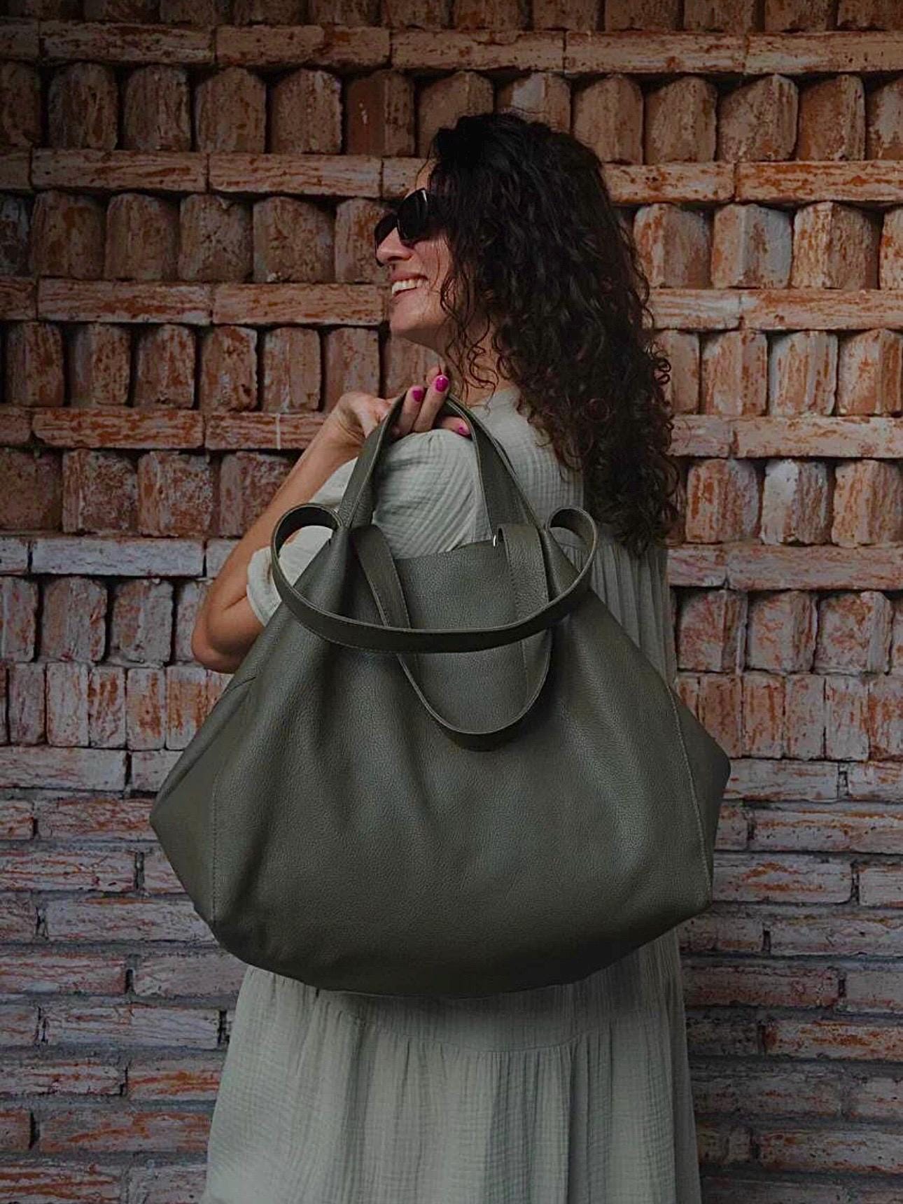 Genuine leather khaki green oversize tote shopper triple handle big bag / everyday purse / handmade bags / designer bags / summer bag / — Red